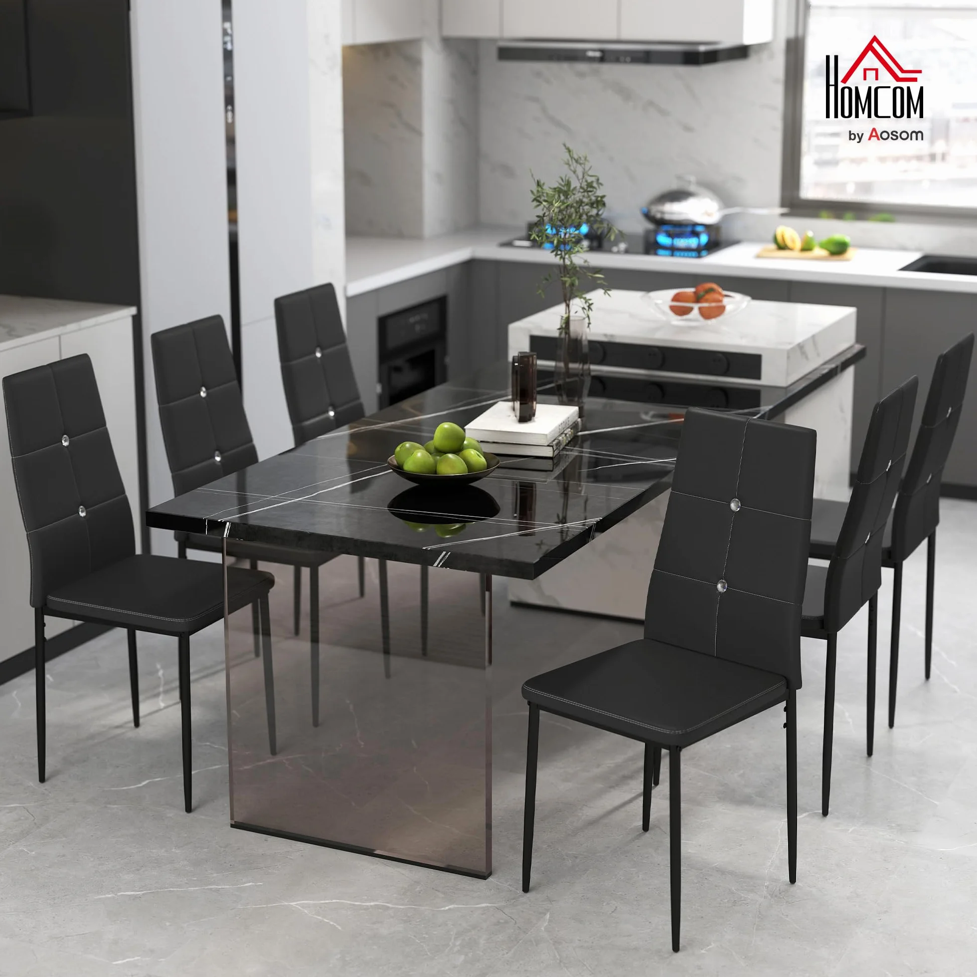 HOMCOM Juego de 6 Sillas de Comedor con Respaldo Alto para Salón Negro | Tapizada en PU, Sillas de Cocina Modernas, Botones, Patas de Acero, Dormitorio