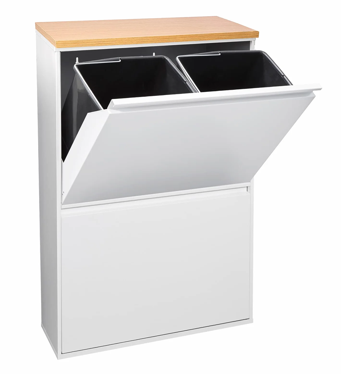 ARREGUI Basic-E CR601-B37 Cubo de basura y reciclaje de acero de 4 cubos con encimera de madera, mueble de reciclaje, 4 x 17 L (68 L), blanco con encimera roble trigo