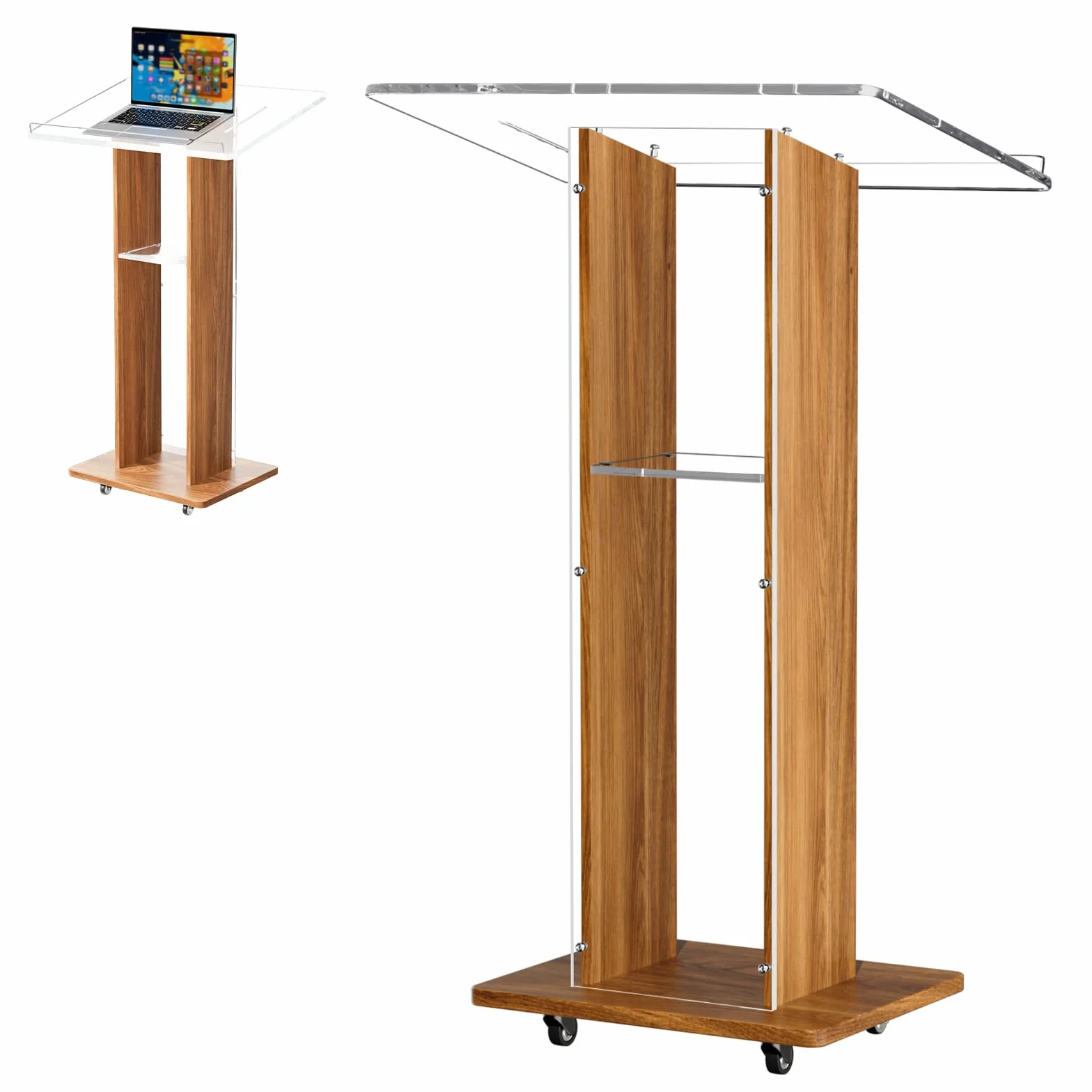 Afitdon Pódium de Madera de Acrílico, Púlpito de Acrílico Transparente con Estante de Almacenamiento, Púlpito de Iglesia con Plataforma de Lectura Amplia y Reforzada, Pódium Estable para Iglesia
