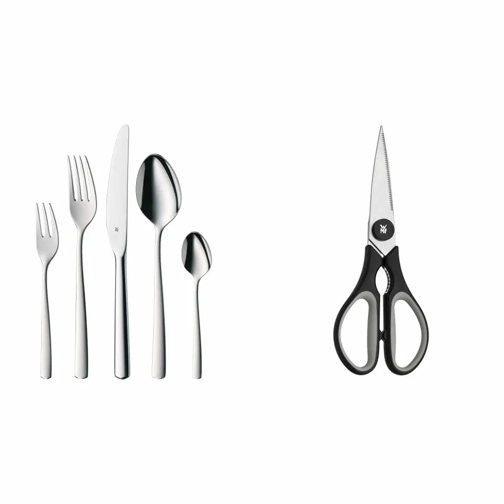 WMF Boston Cromargan - Cubertería, Acero Inoxidable, Acabado Pulido, 30 Piezas para 6 Comensales & Touch Tijeras de Cocina, Acero Inoxidable, Negro, 21cm