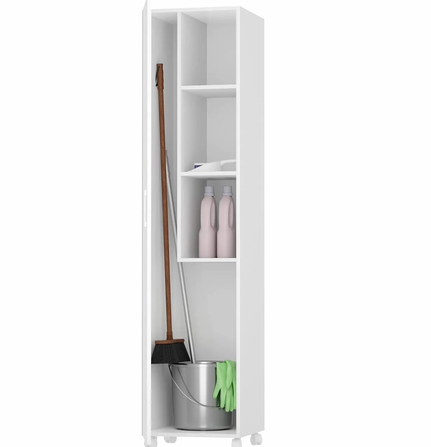 Armario Escobero Multiusos con Ruedas – 1 Puerta Reversible, Estantes y Espacio para Escoba y Fregona – Blanco, 183x42x41 cm – Mueble Auxiliar para Lavadero, Trastero o Cuarto de Limpieza