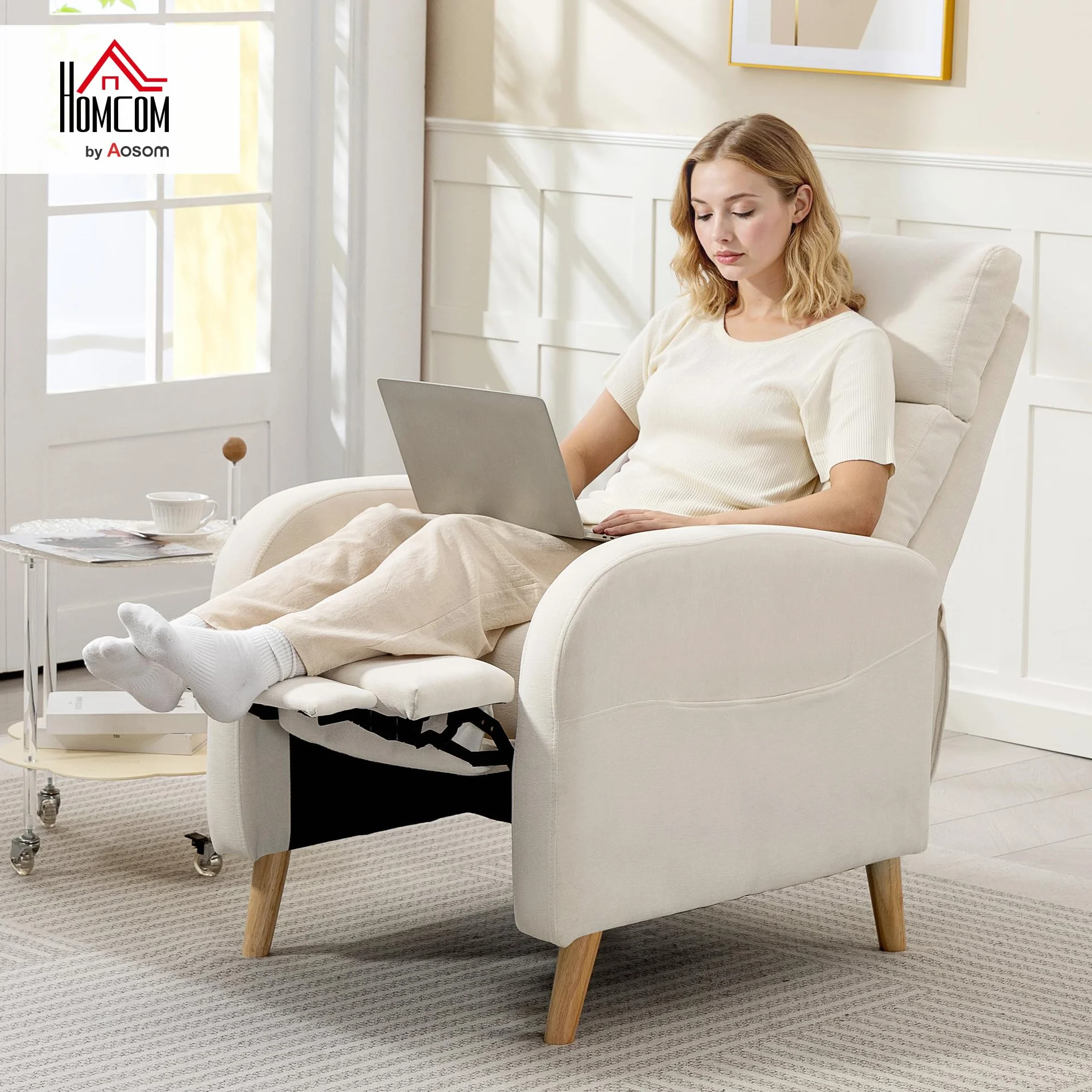 HOMCOM Sillón Relax Reclinable Manual Sillón Relax Tapizado en Lino Sintético con Reposapiés y Bolsillo Lateral Carga 135 kg Sillón Reclinable para Dormitorio Oficina Crema