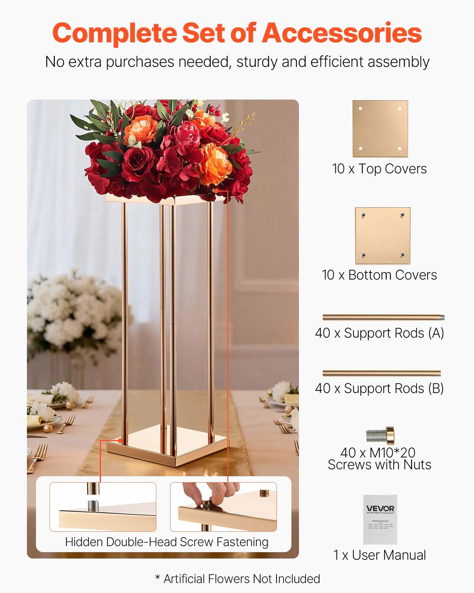 VEVOR Soporte Floral para Bodas, en Forma de Columna, con Laminado Metálico, Ideal para Bodas, Fiestas, Cumpleaños y el Hogar, Soportes Dorados Francés para Centros de Mesa, 200 x 200 x 600 mm, 10 uds