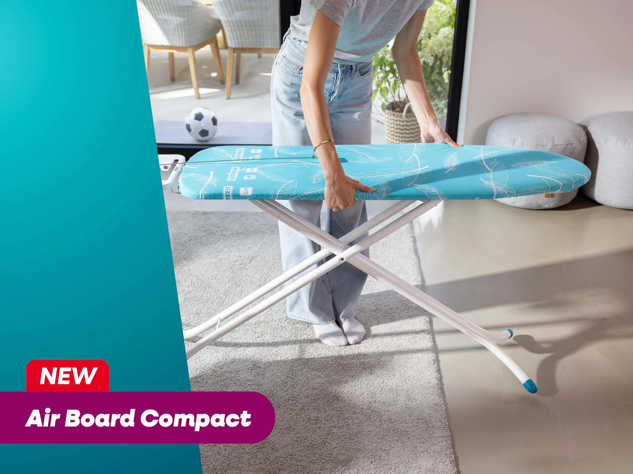 Leifheit Tabla de Planchar Air Board M Compact, Thermo-Reflect | Superficie 120 x 38 cm, altura regulable 78-98 cm, ultraligera, plegable, soporte para plancha y cable integrado