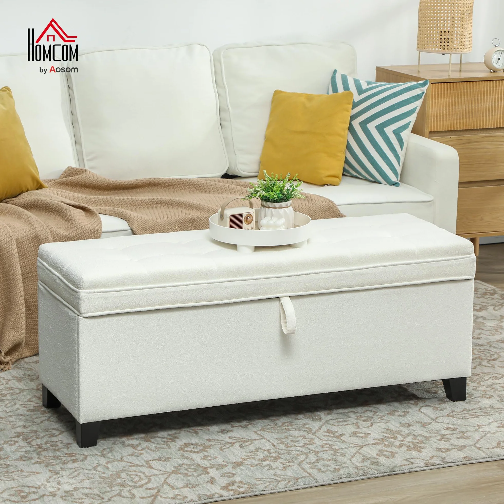 HOMCOM Puff Almacenaje Banco Almacenaje 112L Tapizado en Lino con 2 Bisagras de Seguridad Tapa Abatible y Asiento con Capitoné para Dormitorio Salón Entrada Carga 120 kg 120x40x48 cm Crema