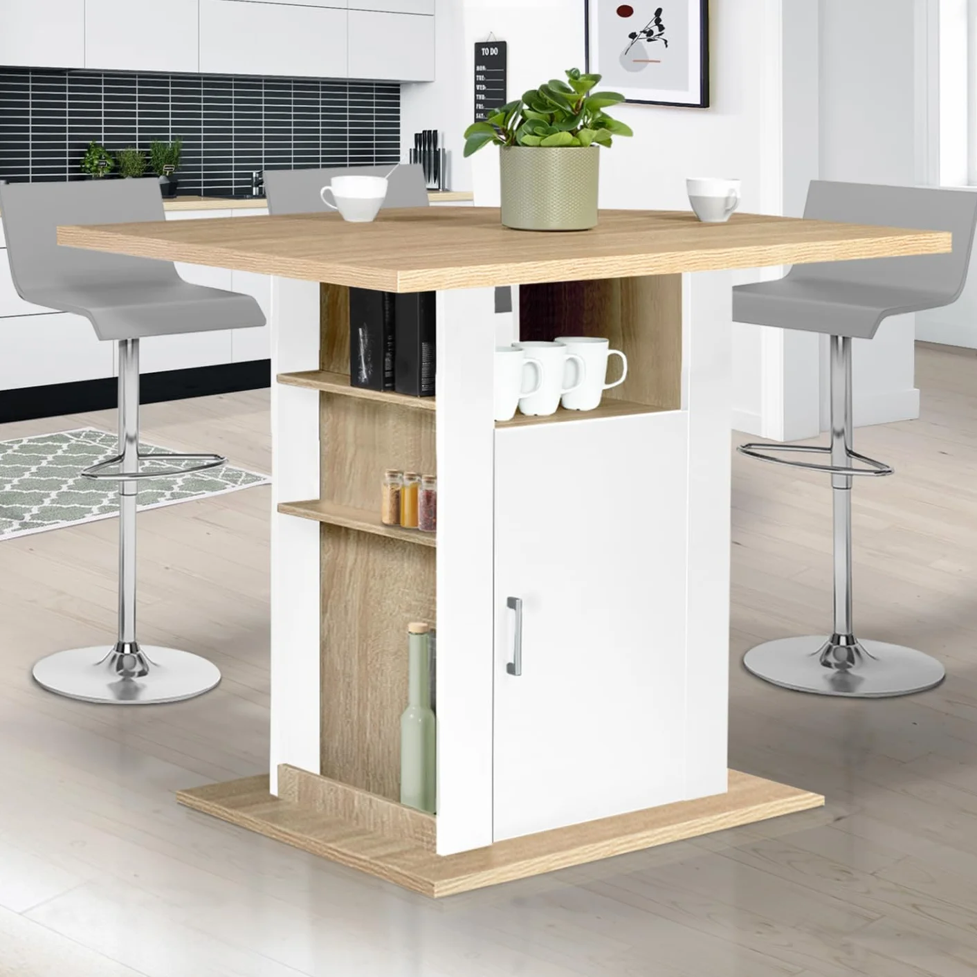 IDMarket – Ilot Central UGO 110 cm, madera blanca e imitación de haya con almacenamiento