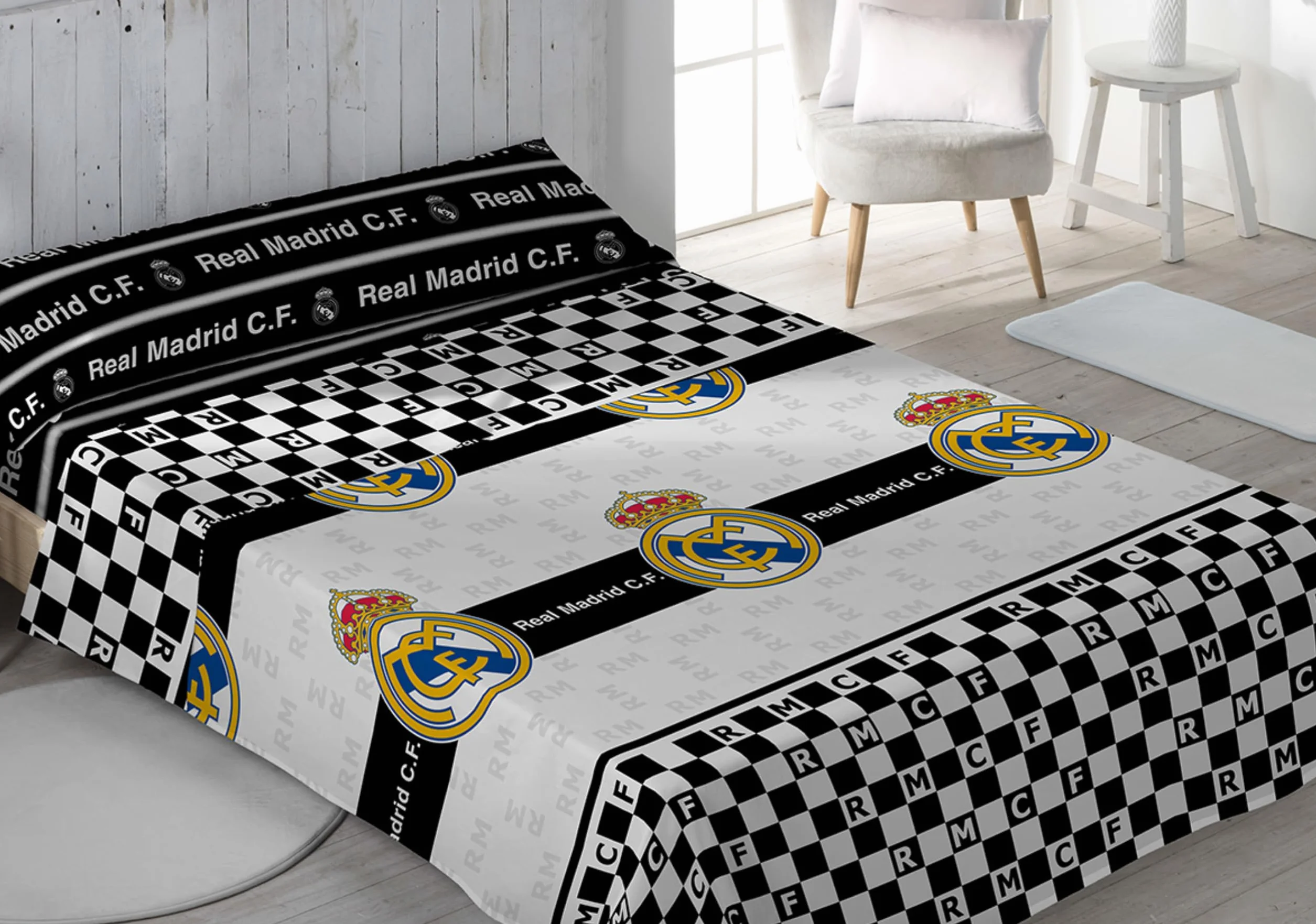 Real Madrid CF Juego de Sábanas, 50% Poliéster 50% Algodón, Diseño Ajedrez, para Cama (150)