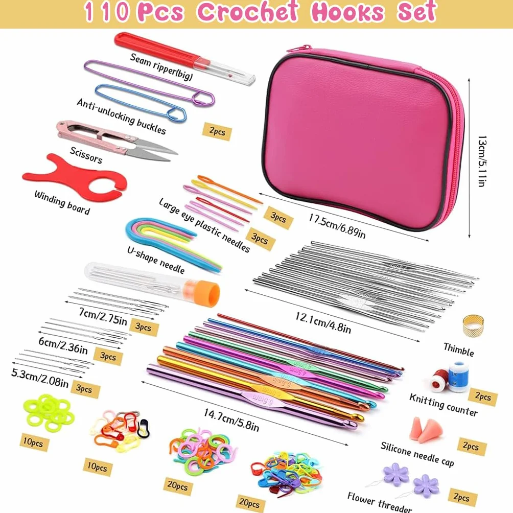 Samyuktha Juego de 109 ganchos de ganchillo, juego de ganchos de ganchillo con funda, ganchos ergonómicos de colores y accesorios de aguja de ganchillo, kit de agujas de ganchillo para principiantes y