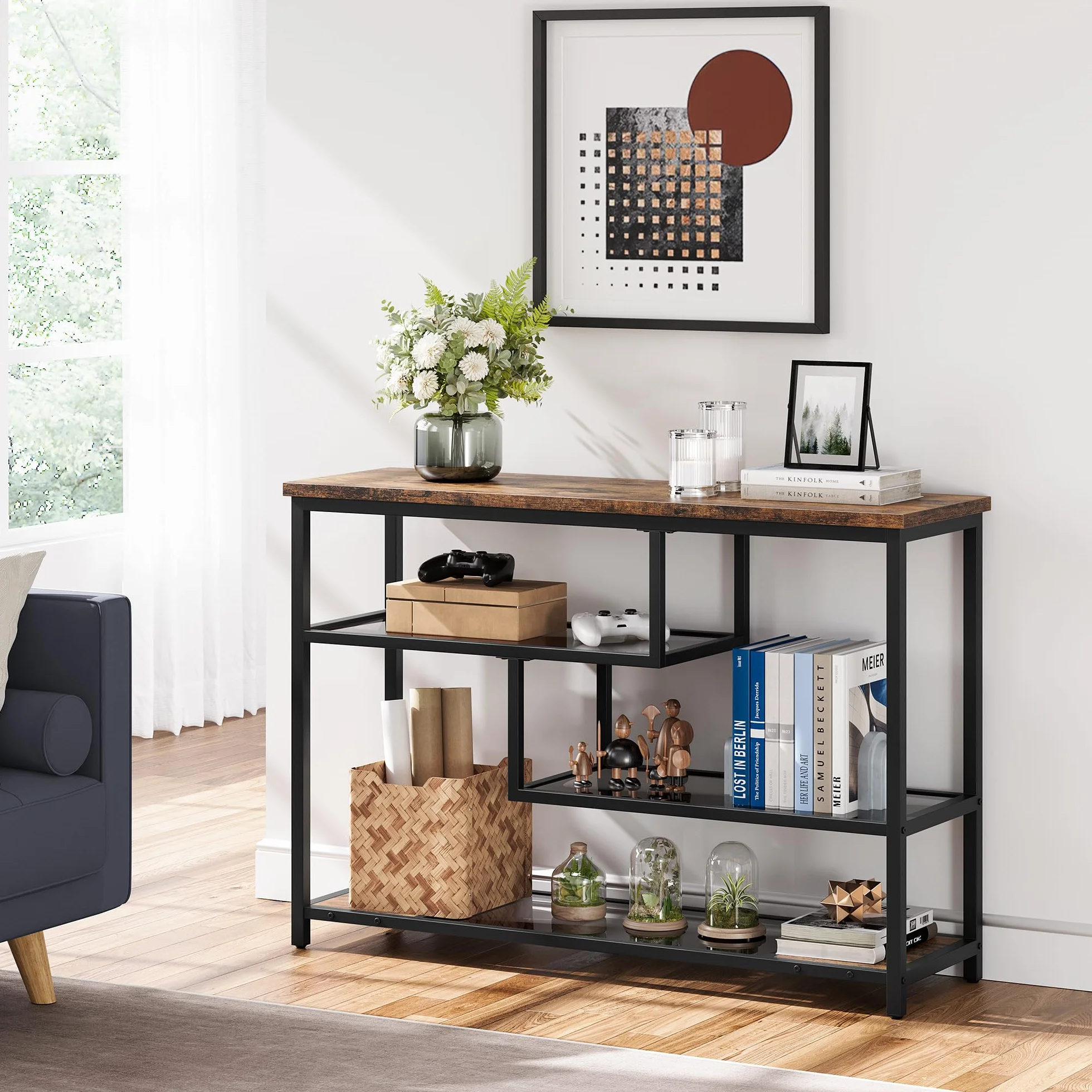 Garvee Mueble de Recibidor, Mesa Consola Estrecha de 4 Niveles, Estilo Industrial para Pasillo, Salón, Recibidor y Detrás del Sofá, Color Marrón Rústico, 100 * 30 * 75 cm