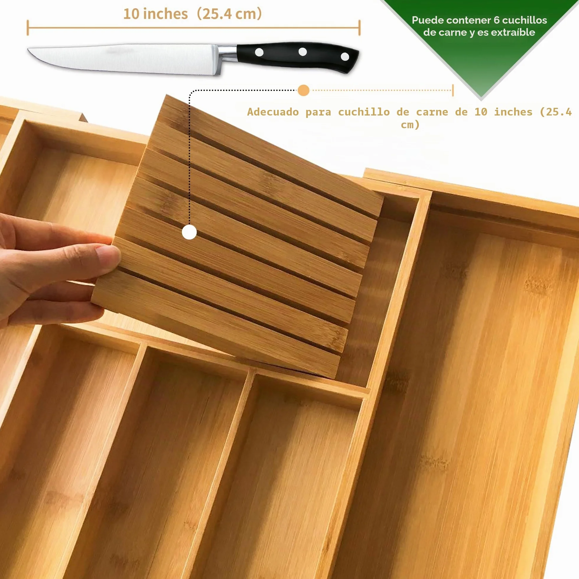 VaeFae Bandeja organizadora de cubiertos de bambú, organizador de cajones de cubiertos grande, 5-7 compartimentos, 32-55 cm, soporte extensible para utensilios de cocina, organizador divisor con