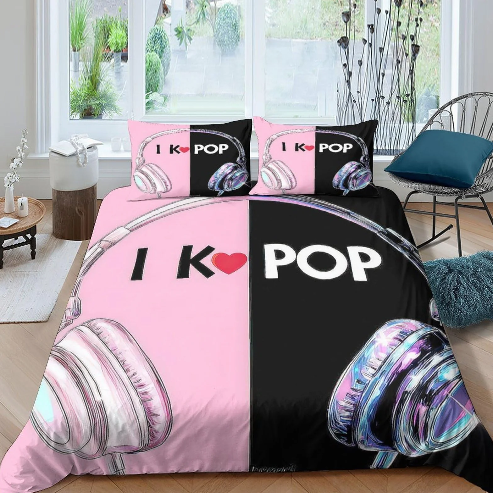 Funda Nórdica 3D Impresa K-Pop Música Microfibra Decoración Dormitorio Juego de Ropa de Cama Auriculares Jóvenes Adultos Super King（260x220cm）