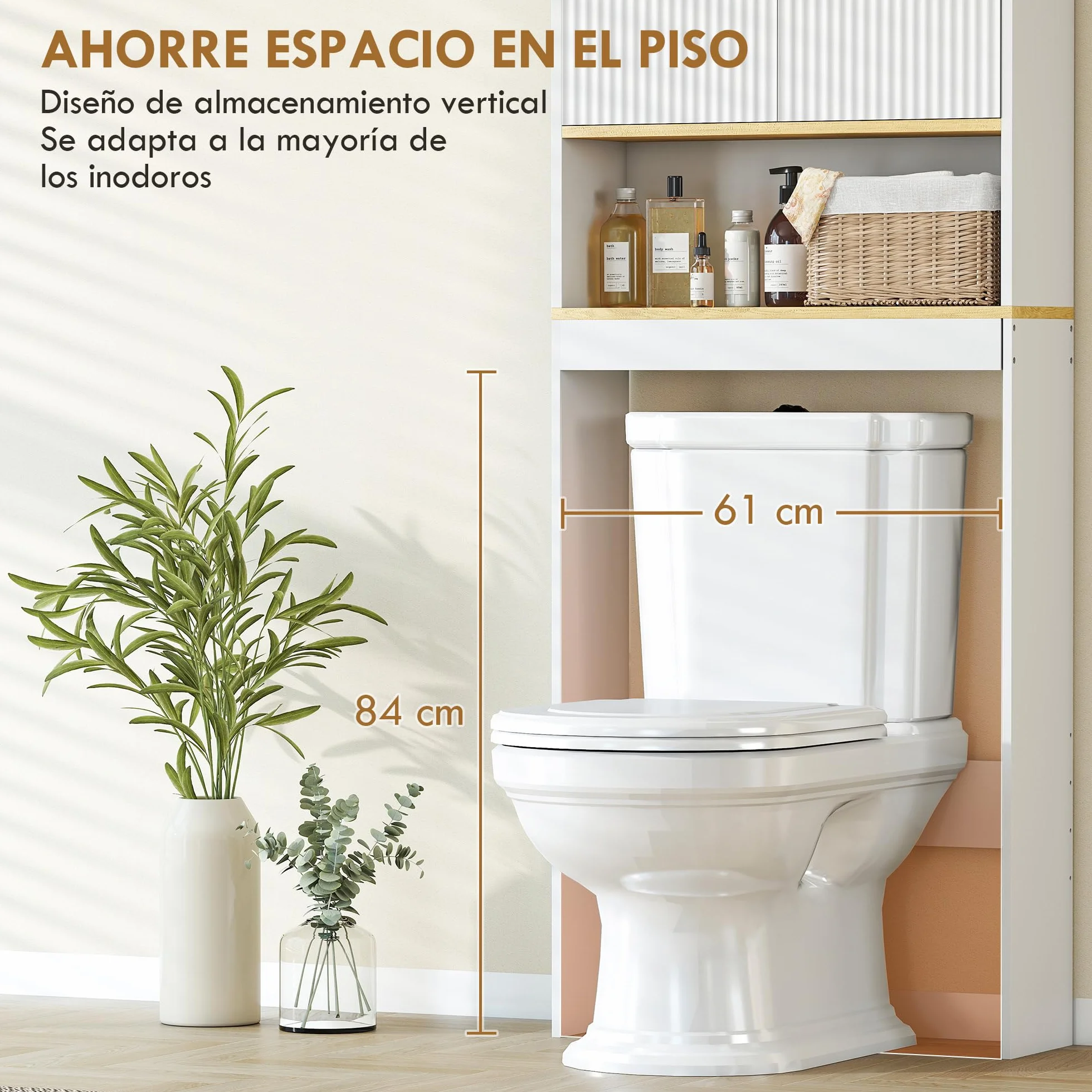 HOMCOM Estantería para Baño sobre Inodoro, Mueble Organizador de Baño de 3 Niveles con Estante Abierto, 2 Puertas y Estante Ajustable, 64x20x170,5 cm, Blanco