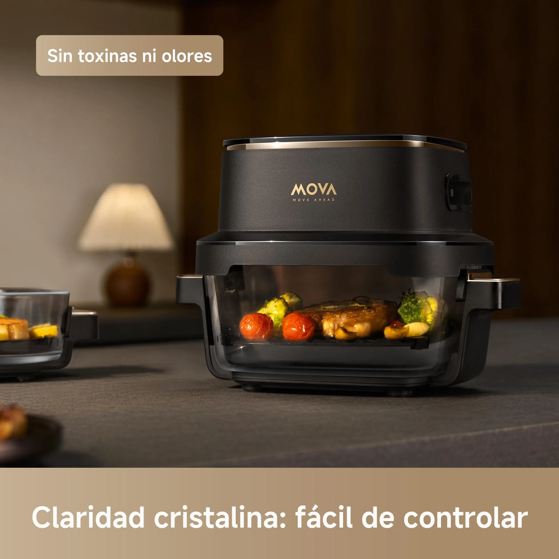 MOVA Aeroglass AF20 Pro Freidora De Aire Sin Aceite interior vidrio transparente, doble capacidad 4L+2,5L, recipiente vidrio, motor sin escobillas, 8 recetas inteligentes, control 40℃-185℃.