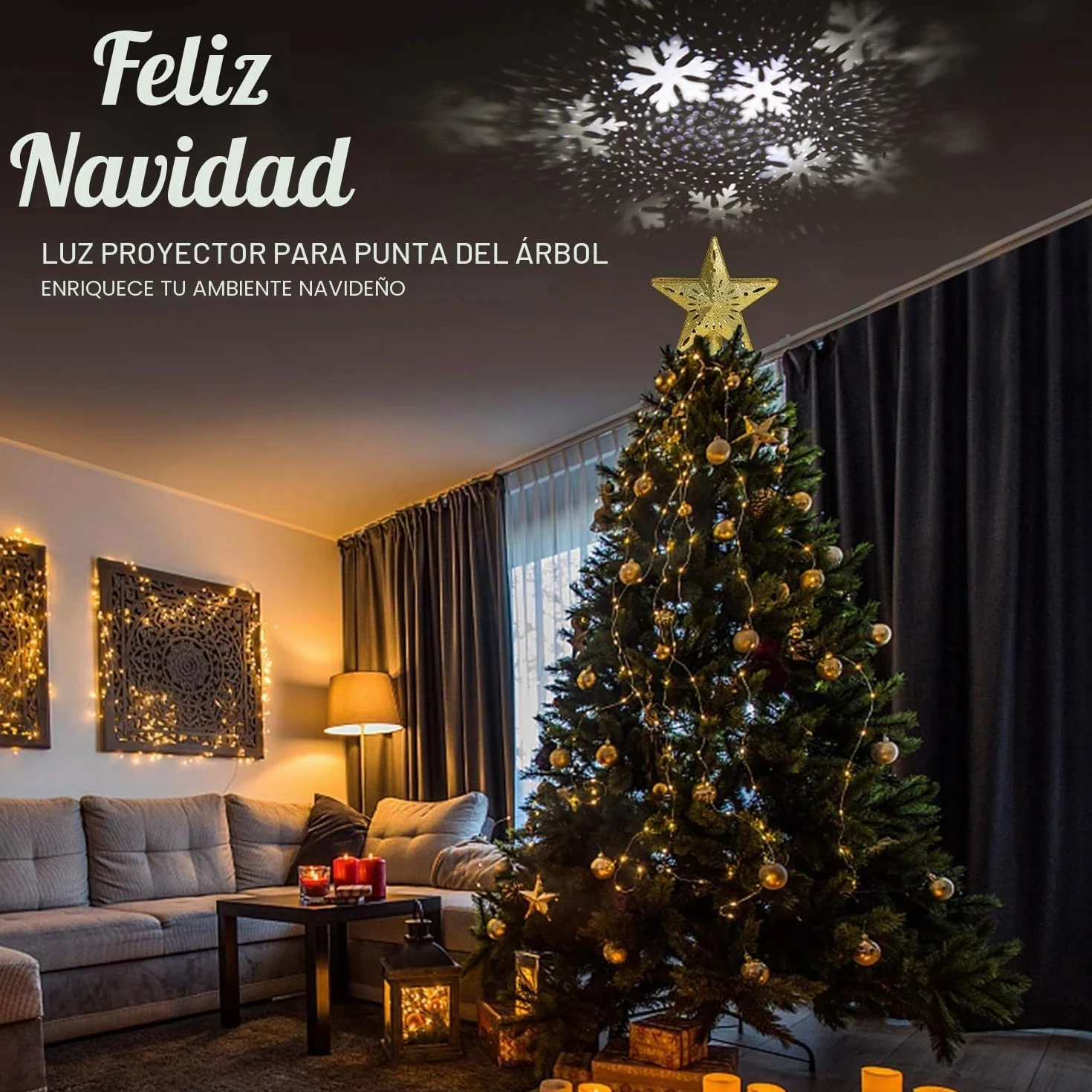 Avoalre Estrella Arbol Navidad con Proyector LED de Copo de Nieve Giratorio Proyector Luces Decoración árbol de Navidad para Hogar Oficina Bar Hotel - Dorado