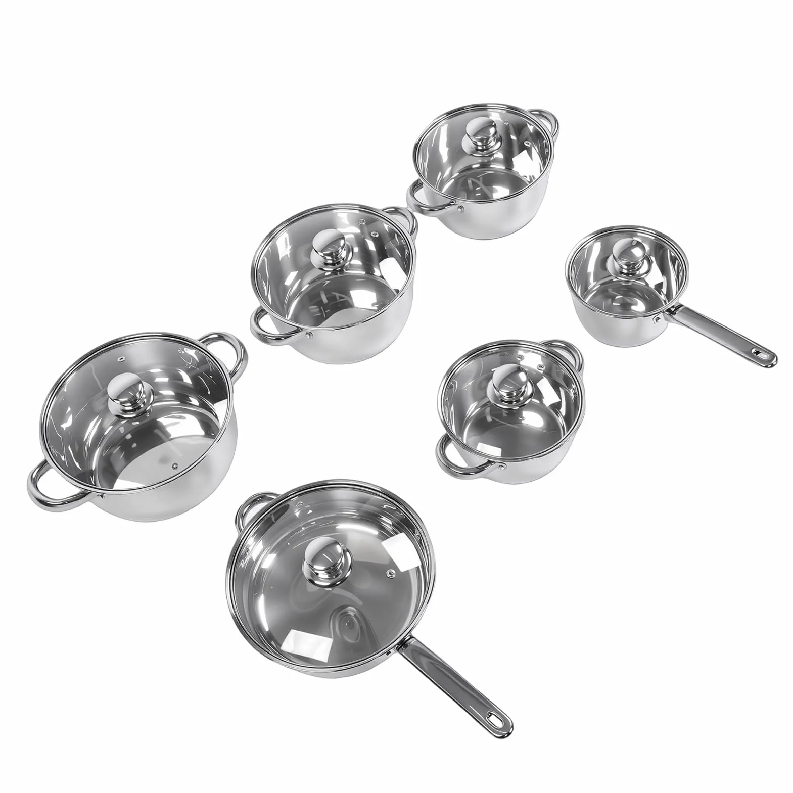 SUNGOOYUE Juego de Utensilios de Cocina de Acero Inoxidable, Juego de Ollas y Sartenes de 15 Piezas con Tapas de Vidrio, Agarre Antideslizante, a Prueba de Altas Temperaturas, Multifuncional para