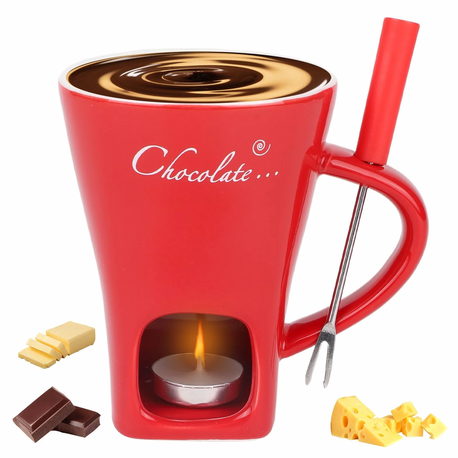 Juego Tazas para Fondue de Chocolate, Cerámica Mini Olla Fondue con Tenedor y Calentador de Velas, Rojo