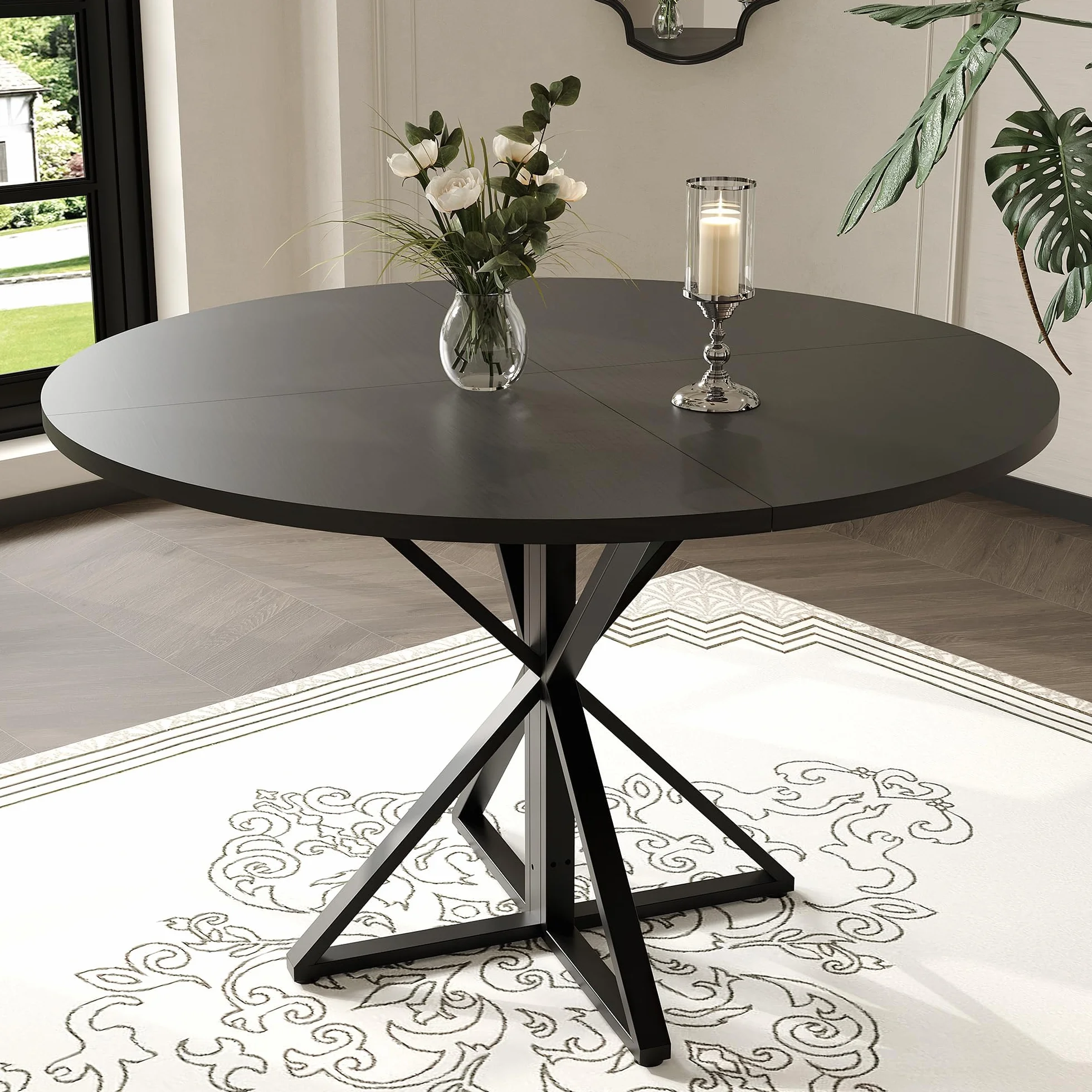 Garvee Mesa De Comedor Redonda De 120 Cm para 4 Personas, Diseño Moderno De Estilo Rústico, Ahorra Espacio, Base De Pedestal De Madera y Metal