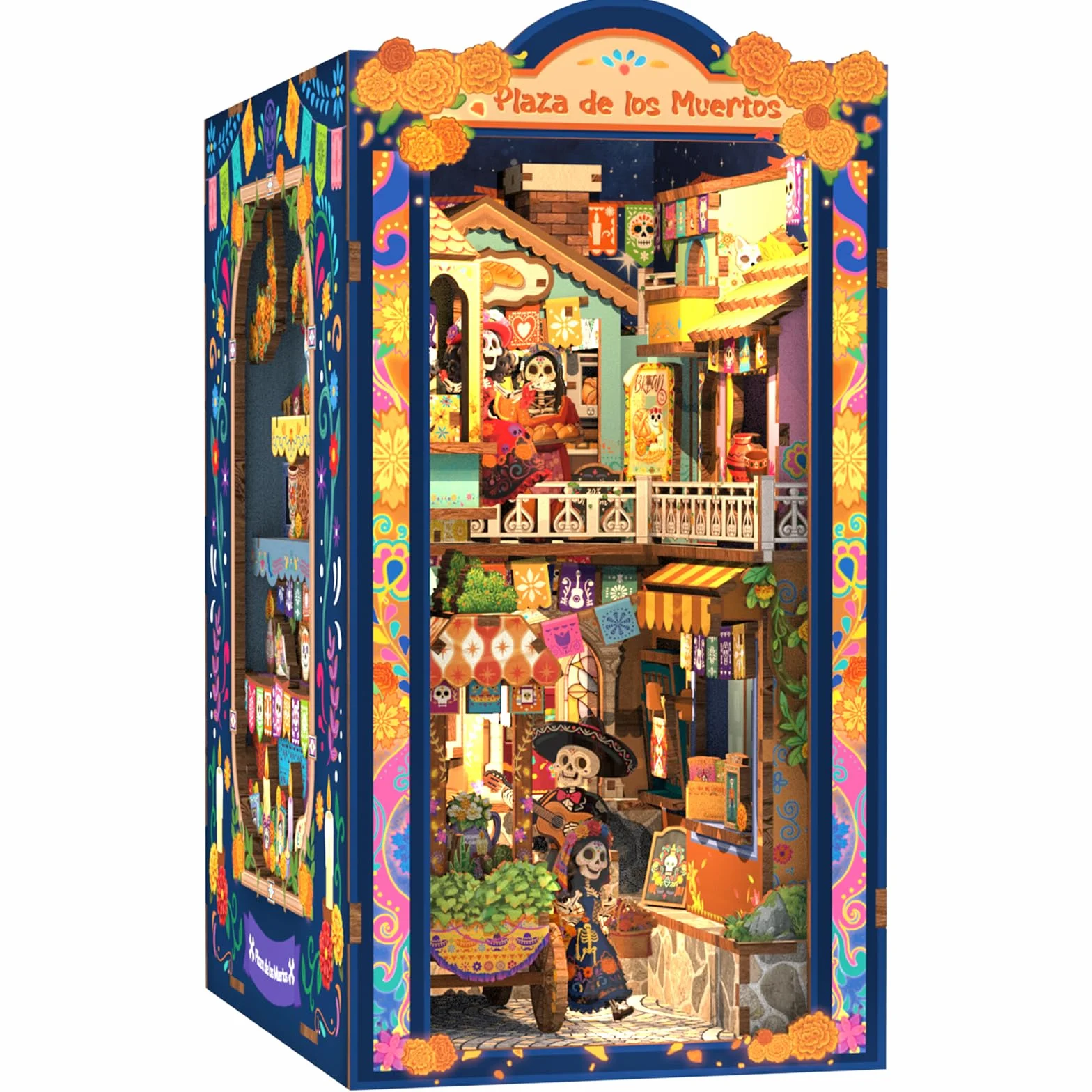 Fsolis Kit Book Nook Casa de muñecas Miniatura (Plaza de los Muertos) | Puzzle 3D Madera para Adultos con Luz LED, Decoración de Estantería & Regalo Creativo
