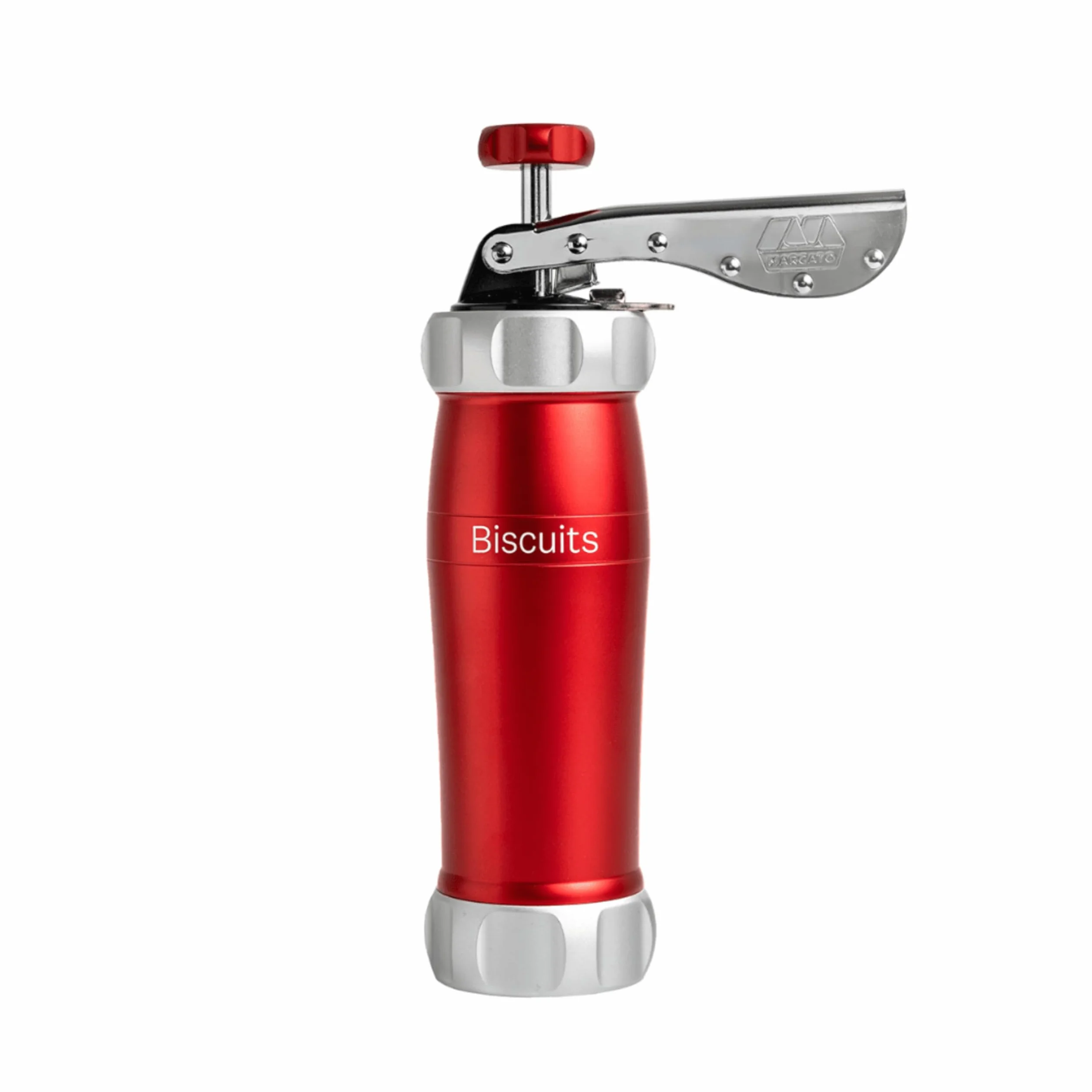 Marcato Sparabiscotti, Jeringa para Dulces, Máquina para Galletas caseras, Accesorio de Pastelería, de Aluminio Anodizado, Tamaño de Galleta Ajustable, Incluye 20 Boquillas. Color: Rojo.