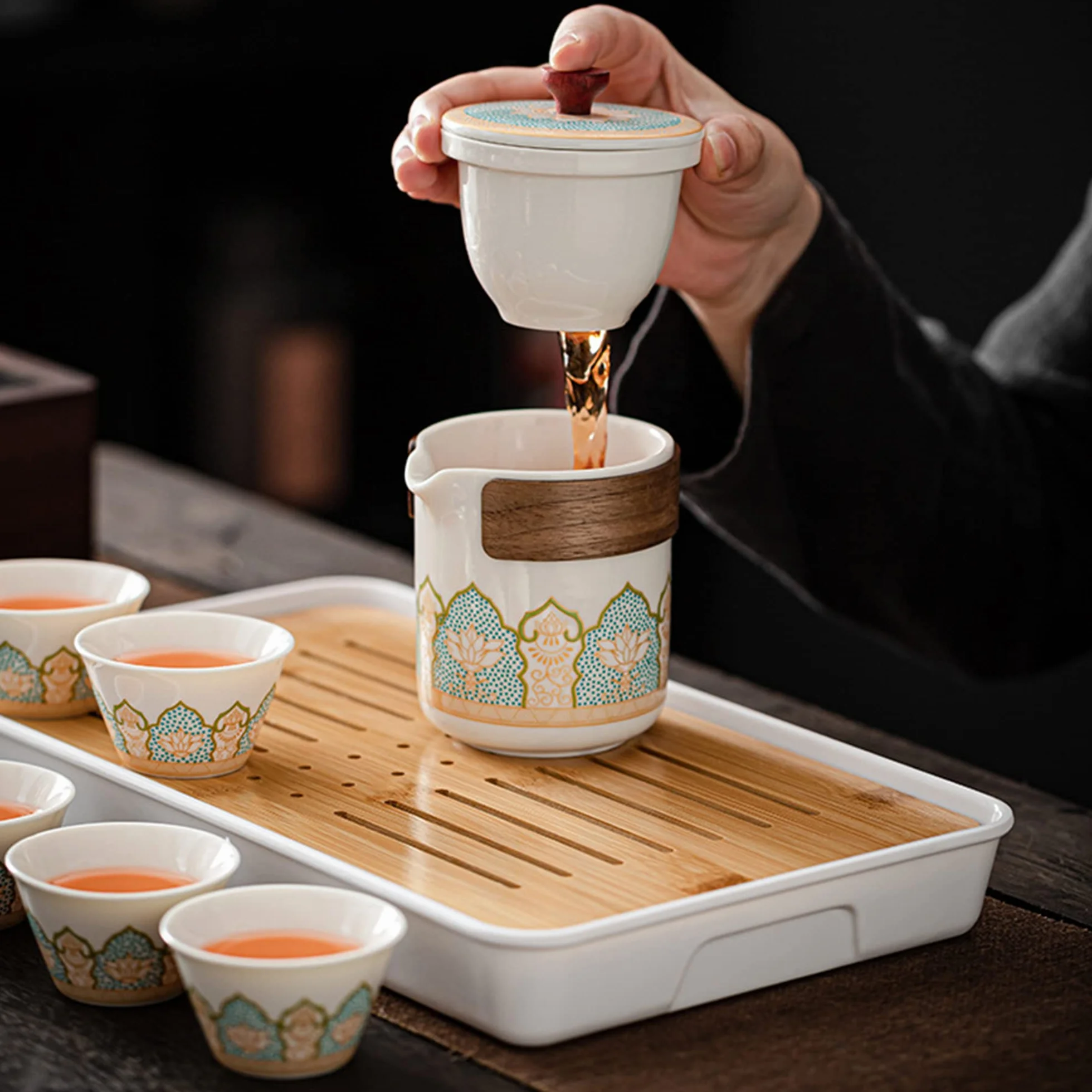 fanquare Tetera de Porcelana China con Colador, Juego de Té de Cerámica Kungfu con Bolsa de Viaje, Lata de Té y Tabla de Té, Juego de Té Floral para Adultos, Blanco