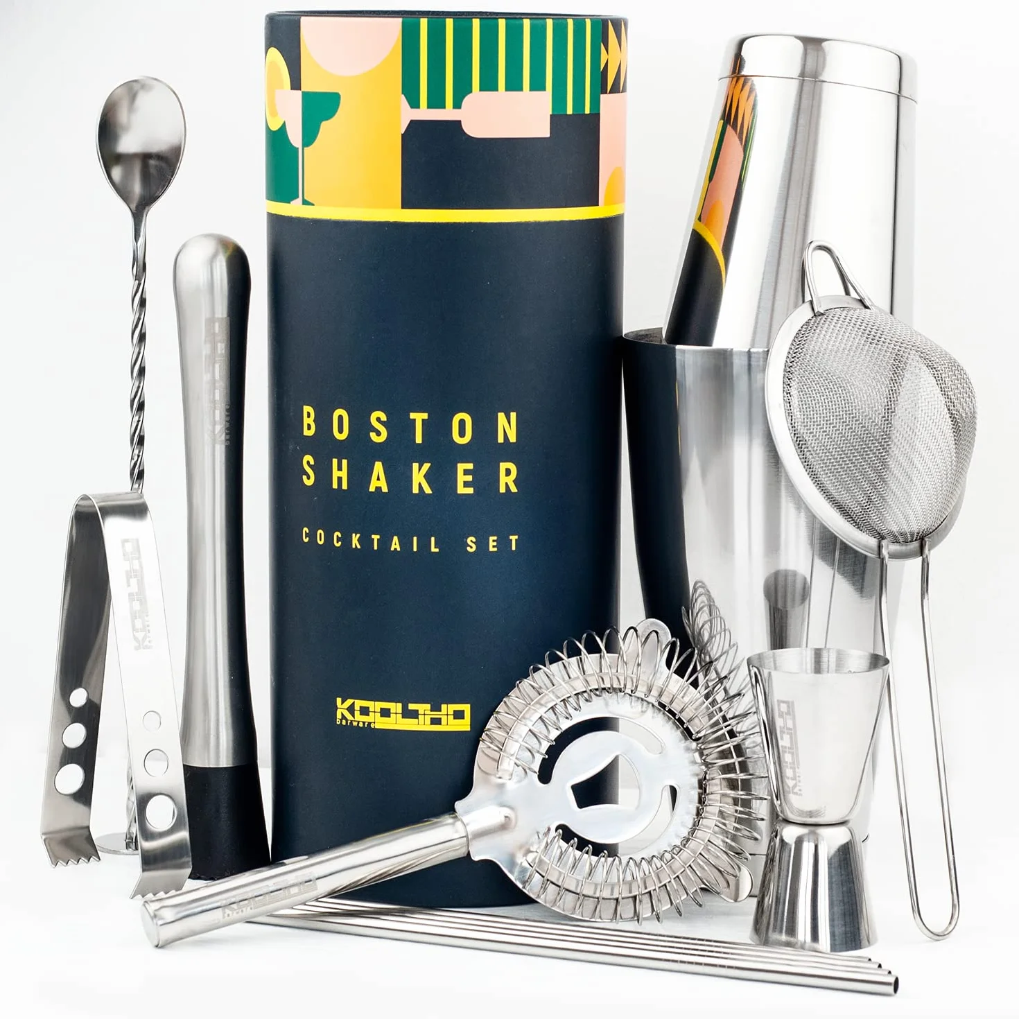 Coctelera Profesional Boston Shaker Set, Kit Cocteleria Boston Tin con Accesorios Cocktail Acero Inoxidable para Cóctel Mojito en Caja Personalizable, Regalo Hombre o Mujer Original
