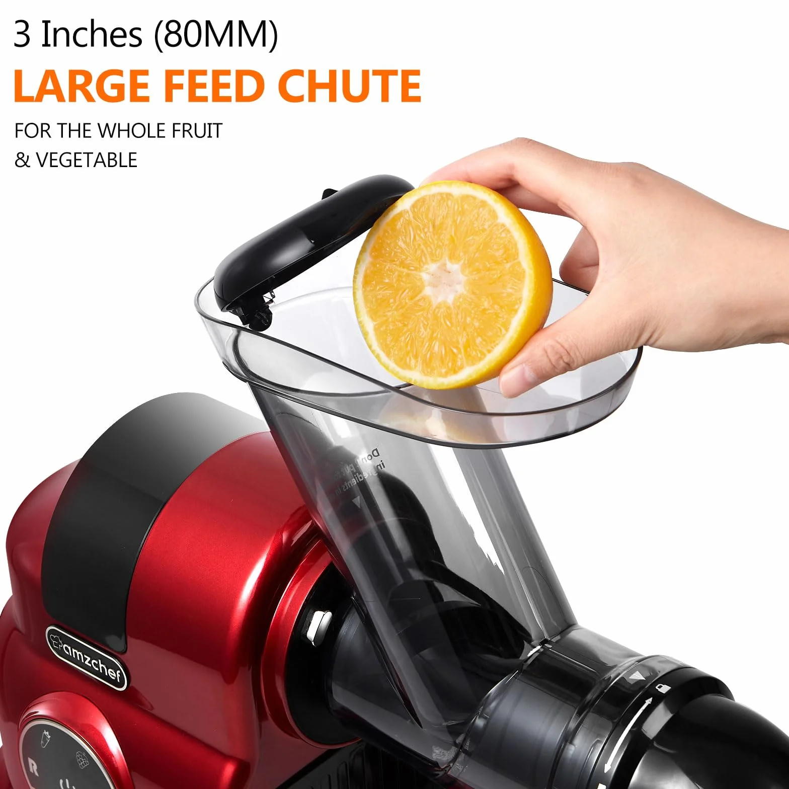 AMZCHEF 80MM Exprimidor grande - exprimidor lento con 2 velocidades y función de rebobinado - Exprimidor de 150 W para verduras y frutas enteras Test Winner -Rojo