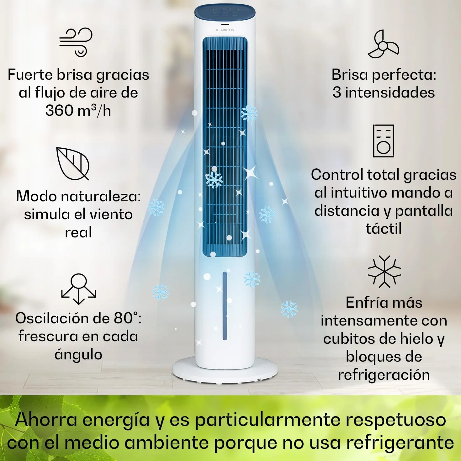 Klarstein Climatizador Portatil Frio 5 en 1 Ionizador, Mini Enfriador de Aire, Silencioso Modo Noche, Mando a Distancia, Humidificador, Ventilador, Purificador, Aparatos Aire 360m³/h, 50W, Blanco