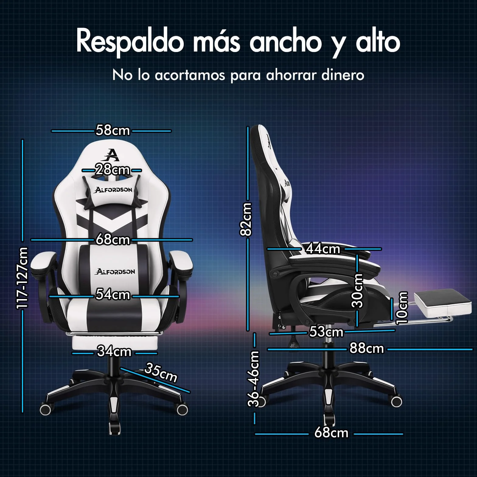 ALFORDSON Silla Gaming con Masaje y LED, Silla Gamer Ergonómica con Cojín Lumbar y Cervical, Reposapiés Telescópico, Iluminación para Ordenador, Videojuego, Juegos, Oficina, Cuero PU(Blanca)