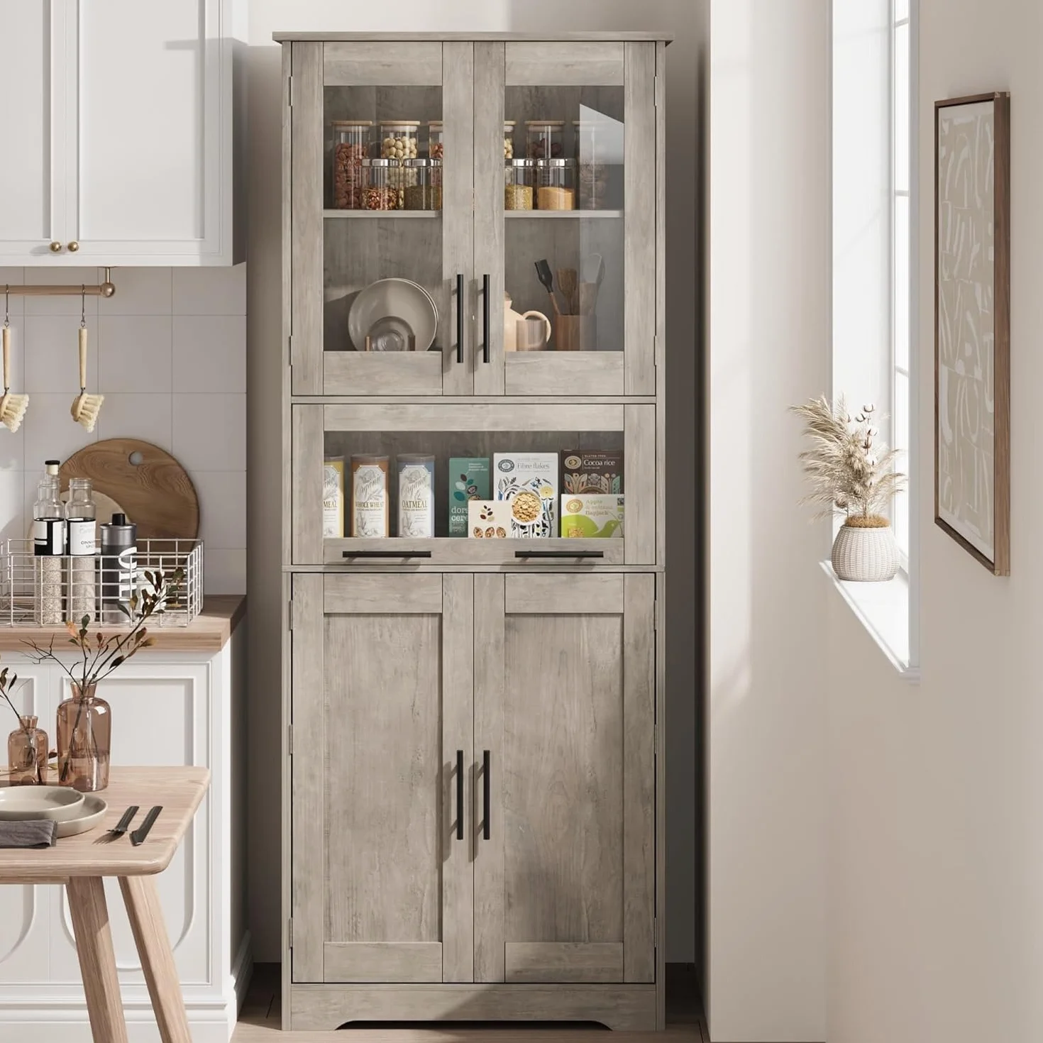 Armario de Baño Doble Compartimento 60x30x170 cm, Mueble con Puertas y Estante Ajustable, Gris