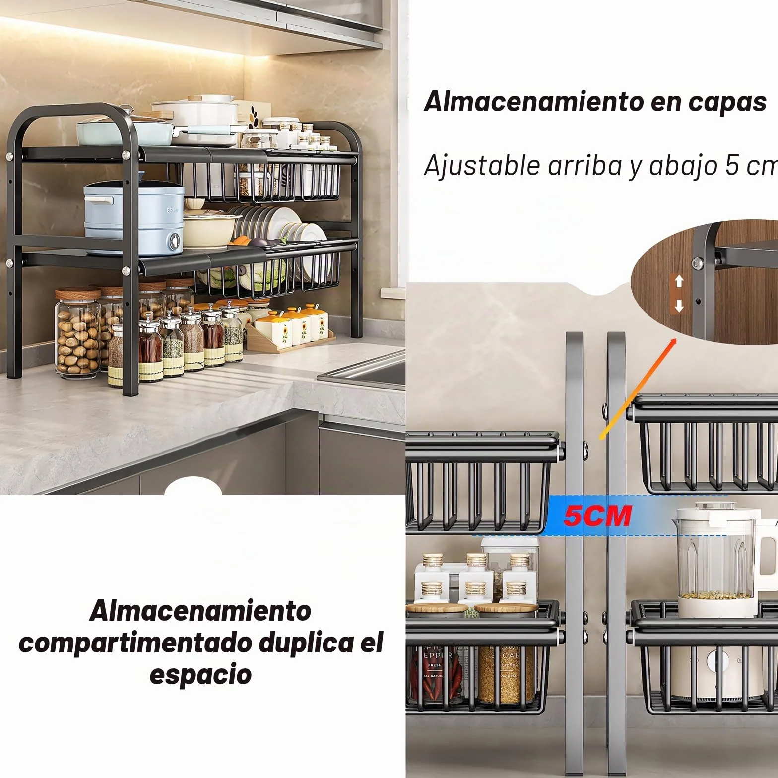 ViWaVee Organizador Cocina Bajo Fregadero Extensible 53-93cm para Armario | Altura Ajustable 5cm + 4 Cestas y Placas | Multiusos Baño Balcón | Almacenaje Productos Limpieza Ollas