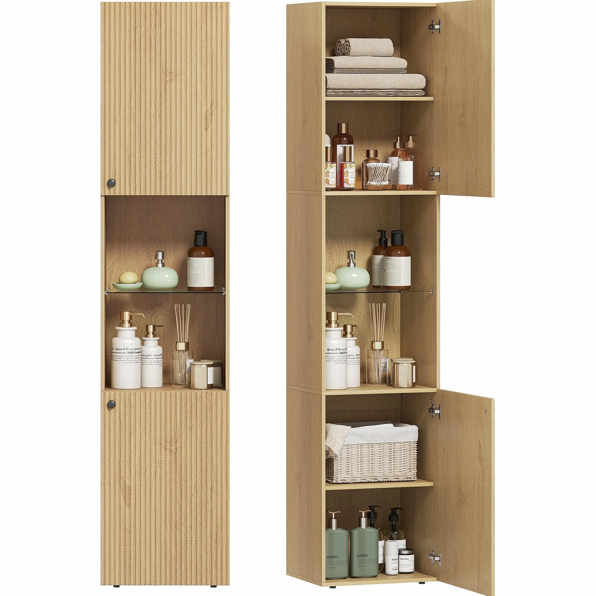 HOMCOM Armario de Baño Alto, Columna de Baño Estrecha de 6 Niveles con 2 Puertas, Estante de Vidrio Templado, Estantes Ajustables, 40x31x182 cm, Roble