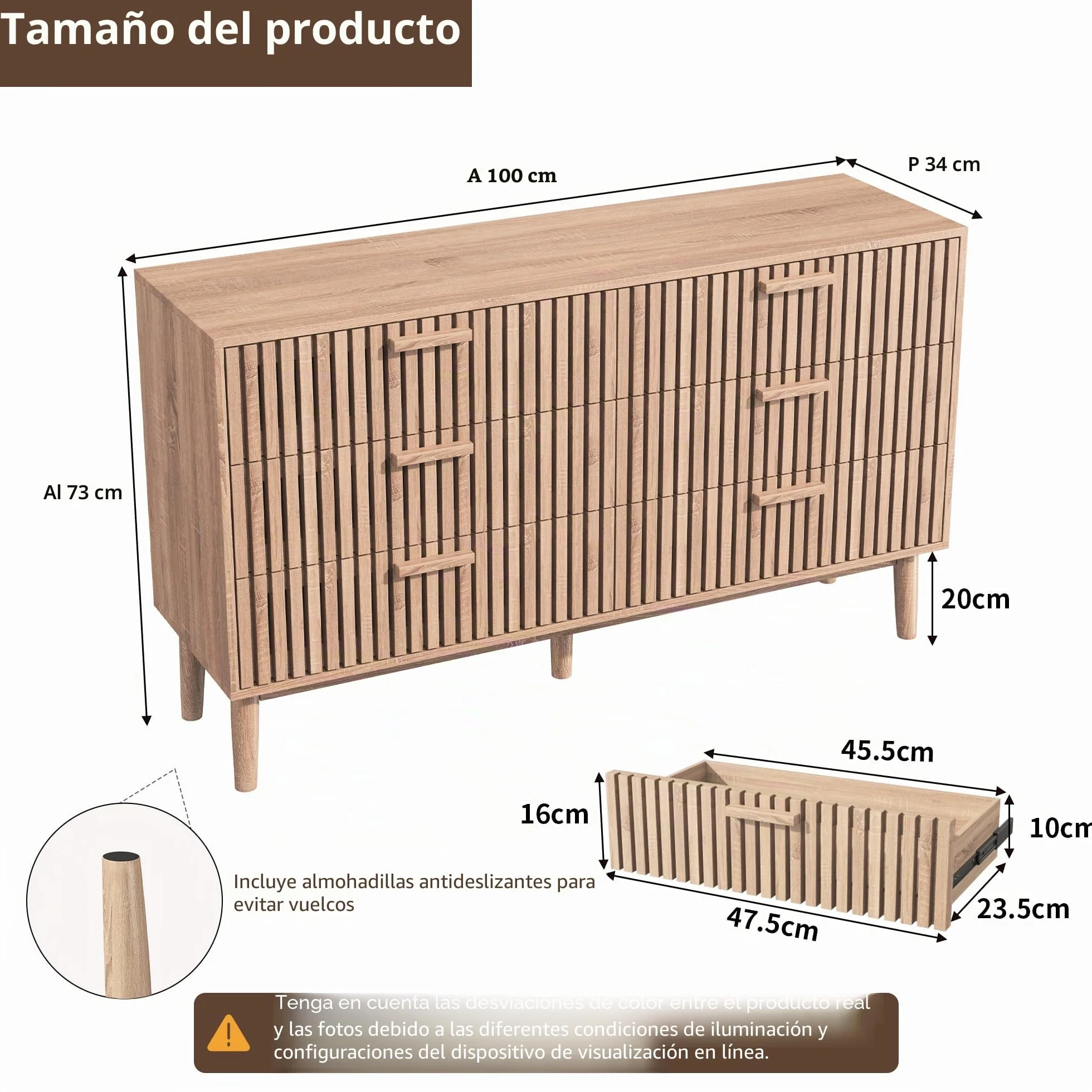 Cómoda con 6 cajones, 100 x 34 x 73 cm, aparador de Madera, Mueble con cajones de Gran Capacidad para salón, Dormitorio, diseño Lineal (Color de Madera Natural, Seis cajones)