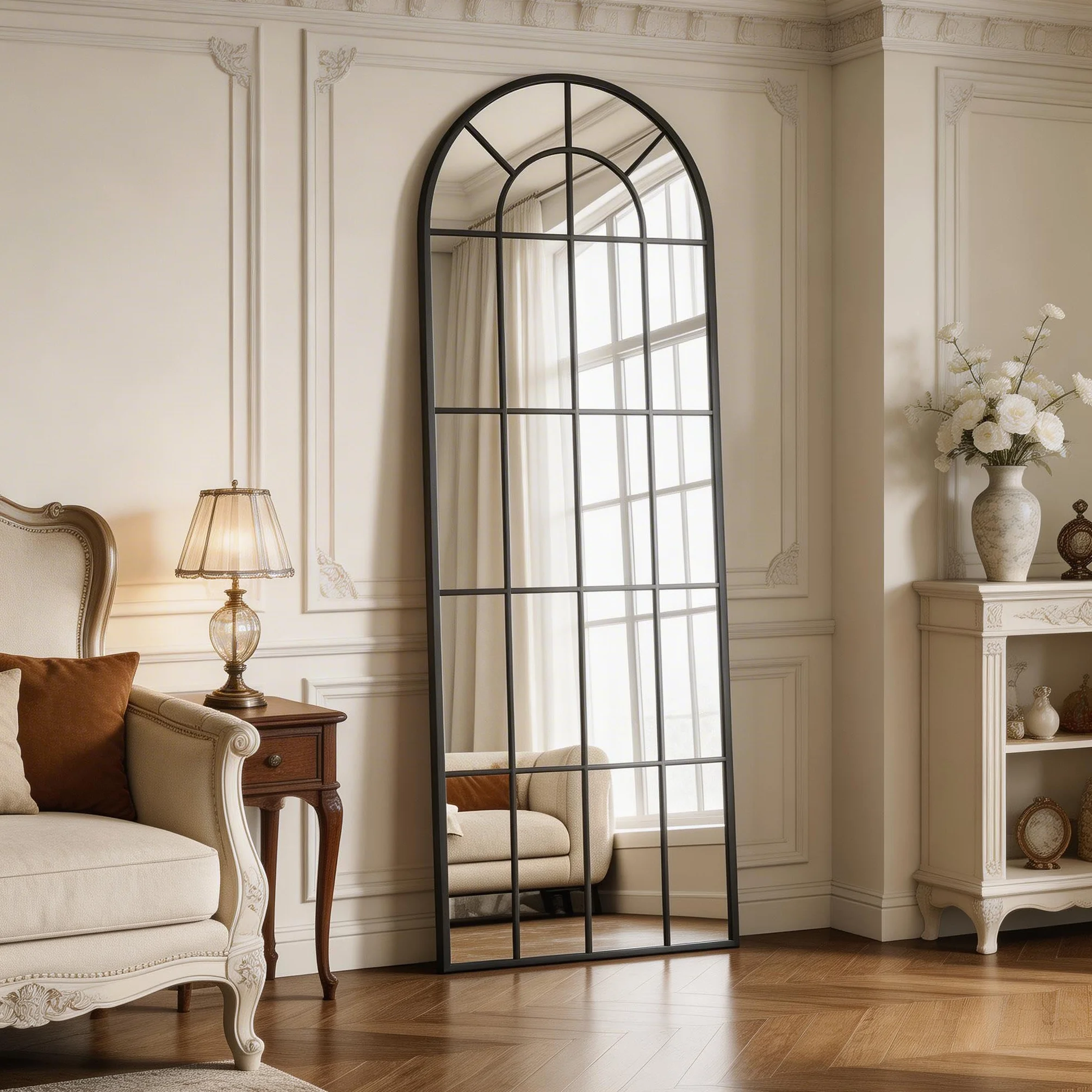 Espejo de Cuerpo Entero Abovedado con Diseño de Cuadrícula 63x175cm | Espejo de Pared Decorativo Tipo Ventana con Marco de Metal y Bisel | para Entrada, Salón y Pasillo