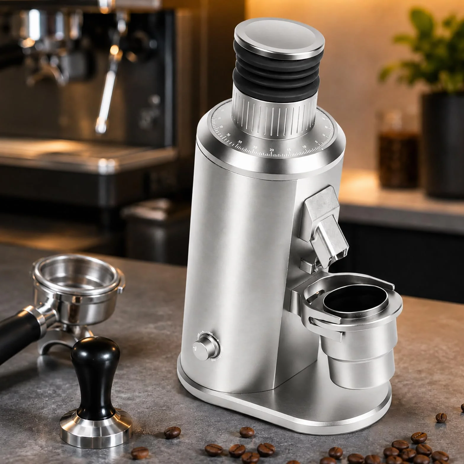 Molinillo de Café Eléctrico 550 W - Muelas Planas de 80 mm, Velocidad Ajustable, Selector de Molienda 0-100 y Boquilla Magnética Silver