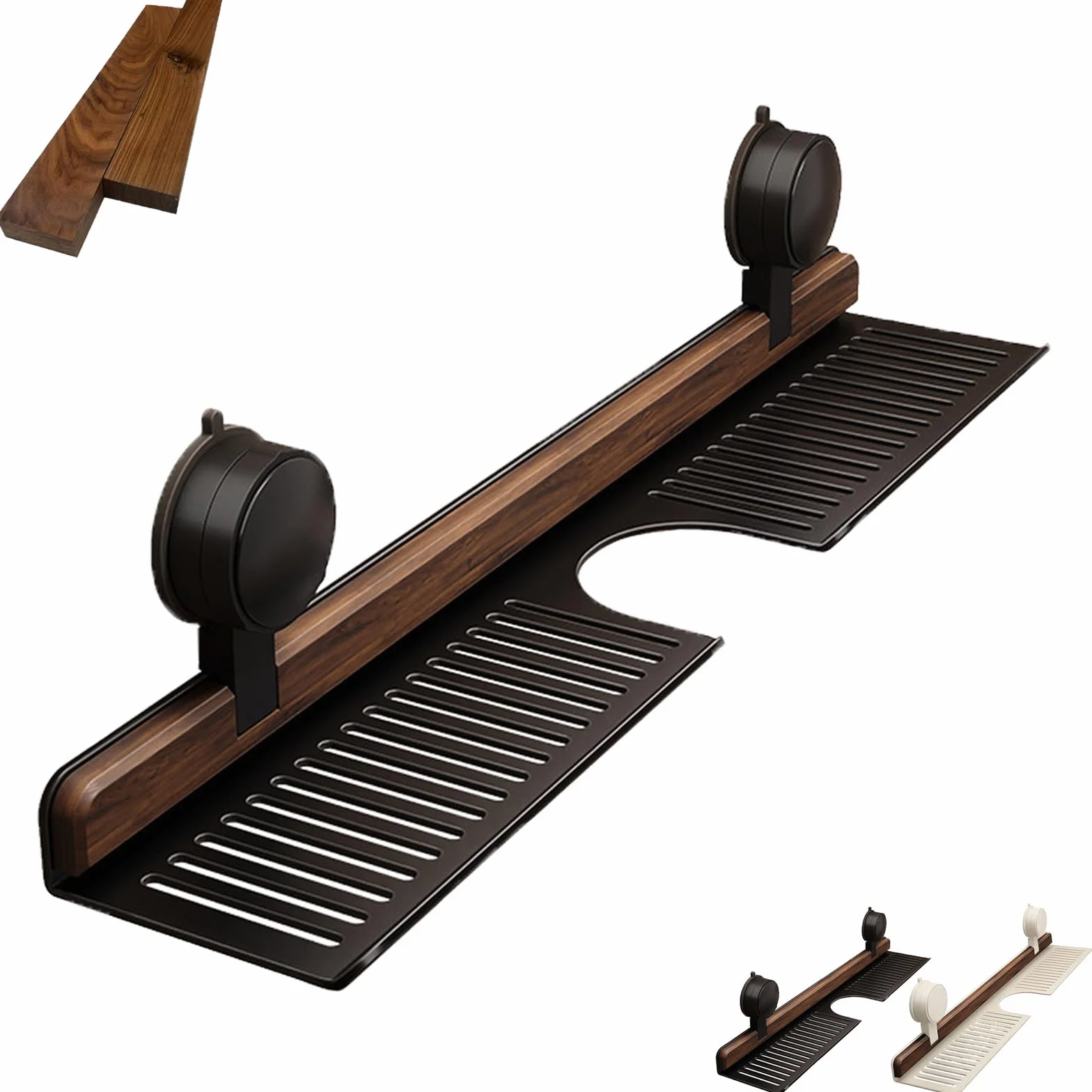 Estante de baño con ventosa de nogal, no requiere taladro, para fregadero y tocador, de aluminio duradero, solución de almacenamiento que ahorra espacio (grande, negro)