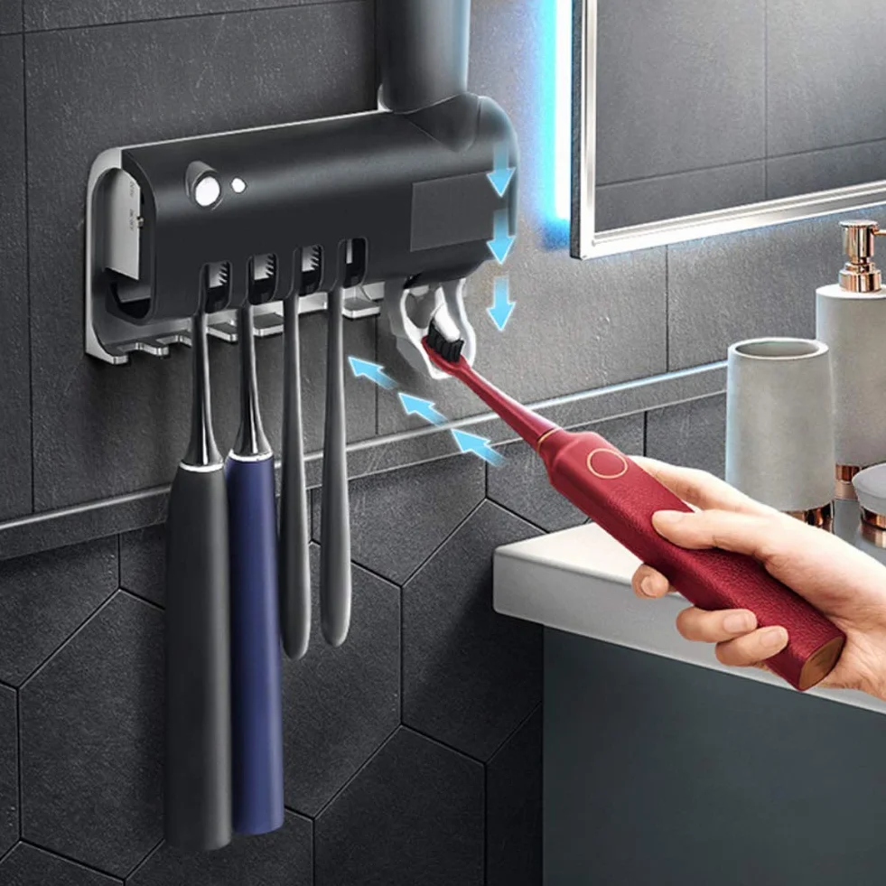 Soporte desinfectante para cepillos de dientes con dispensador automático de pasta de dientes, inducción corporal, capacidad de 5 cepillos de dientes, montaje sin calcomanías,