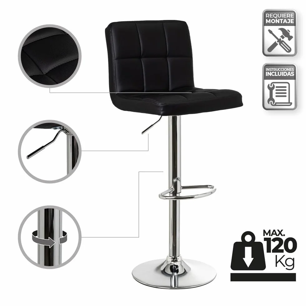 Taburete alto de cocina regulable en altura negro con respaldo alto | Asiento cuadrado y respaldo alto acolchados y tapizados en polipiel. Altura ajustable de 72 a 92 cm. Resiste hasta 120 kg