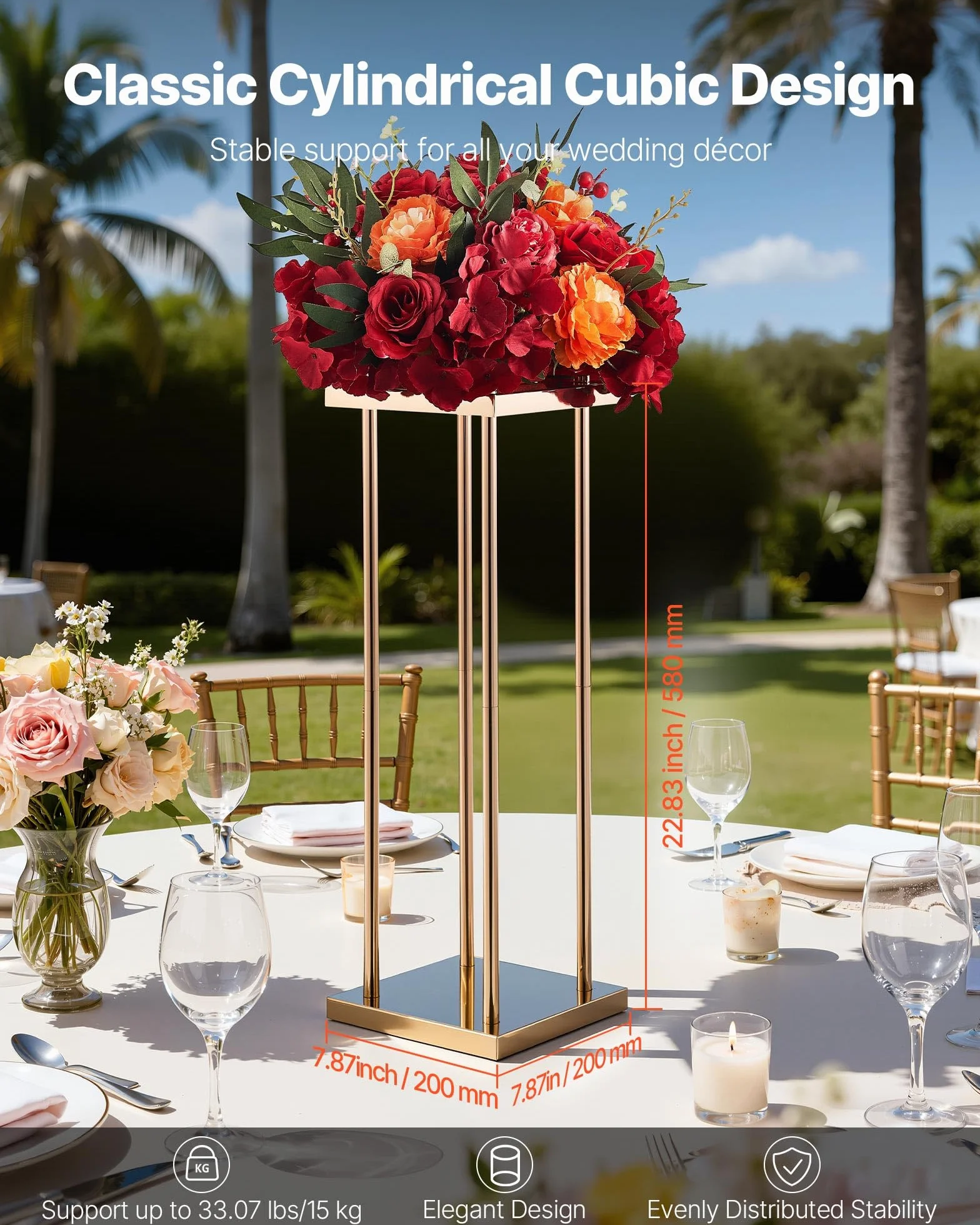 VEVOR Soporte Floral para Bodas, en Forma de Columna, con Laminado Metálico, Ideal para Bodas, Fiestas, Cumpleaños y el Hogar, Soportes Dorados Francés para Centros de Mesa, 200 x 200 x 600 mm, 10 uds