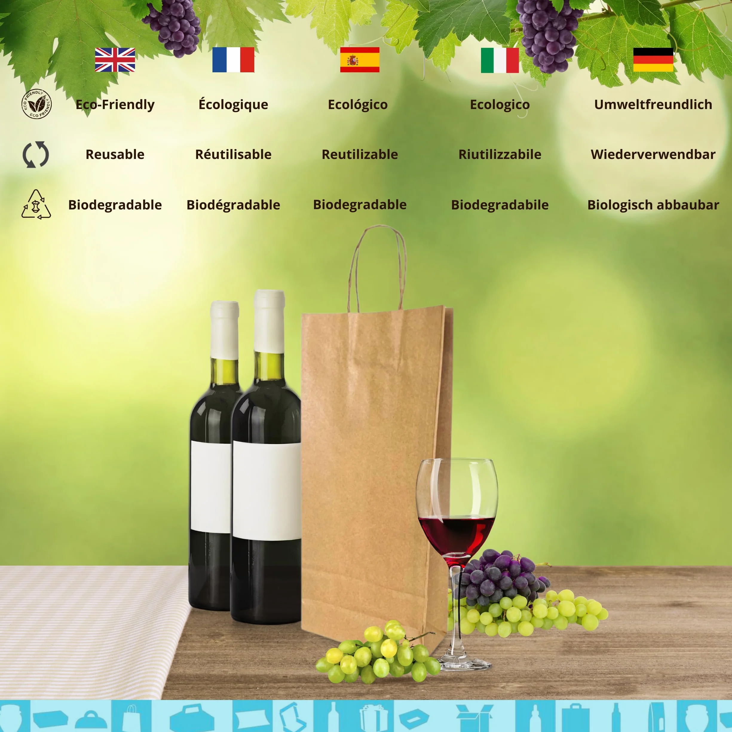 Espirito Rebelde 100 Bolsas para 2 Botellas de Vino 18x8x34cm | Diseño Elegante | Transporte Seguro con Asas Reforzadas | Ideal para Tiendas de Vino | Regalos: Navidad y Fiestas