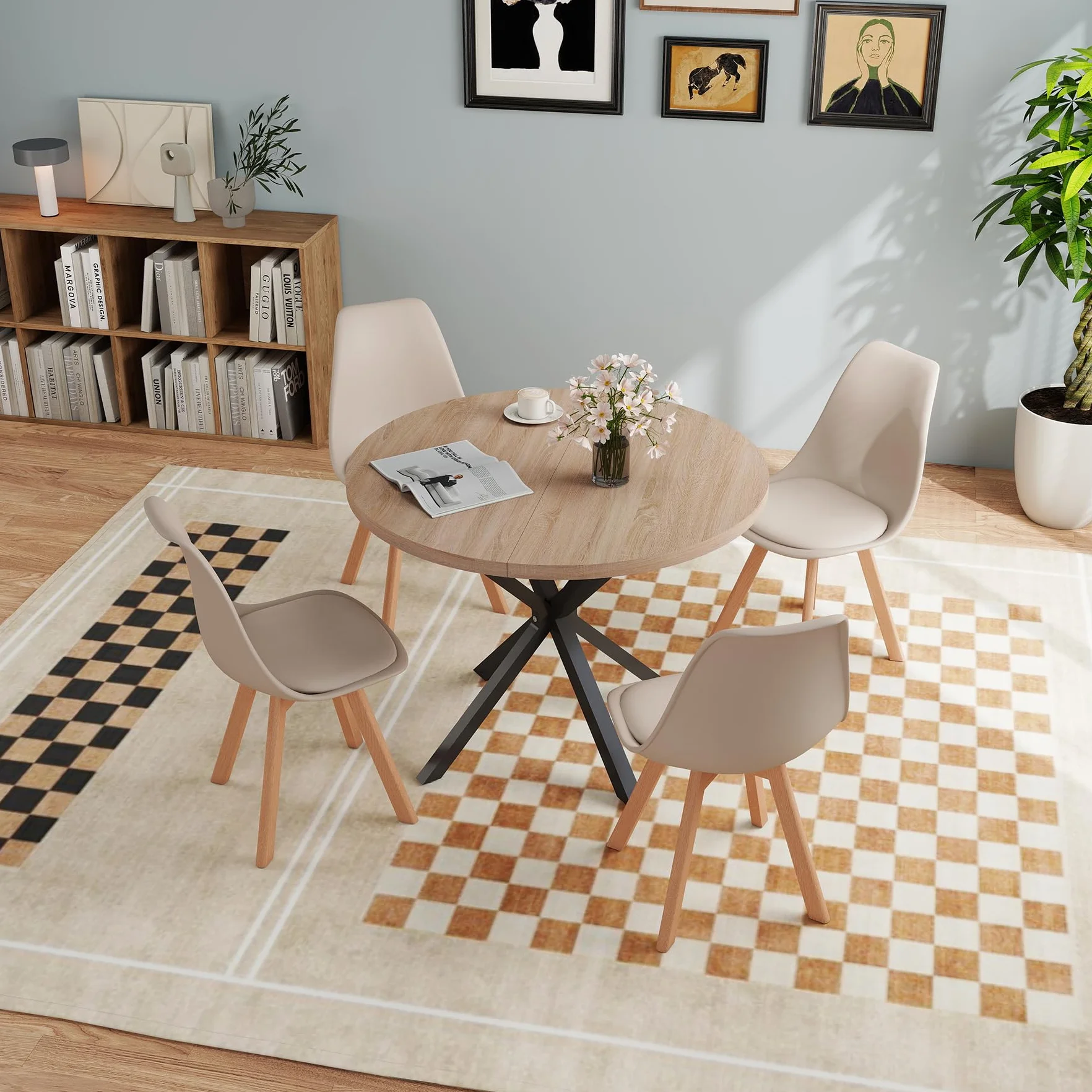 Mesa de Comedor con 4 Sillas, Juego de Comedor, Mesa de Comedor Redonda de Madera de 100 * 100 * 75 cm, 4 Sillas con Respaldo Alto, Patas de Madera de Haya, (Marrón Claro +Caqui)