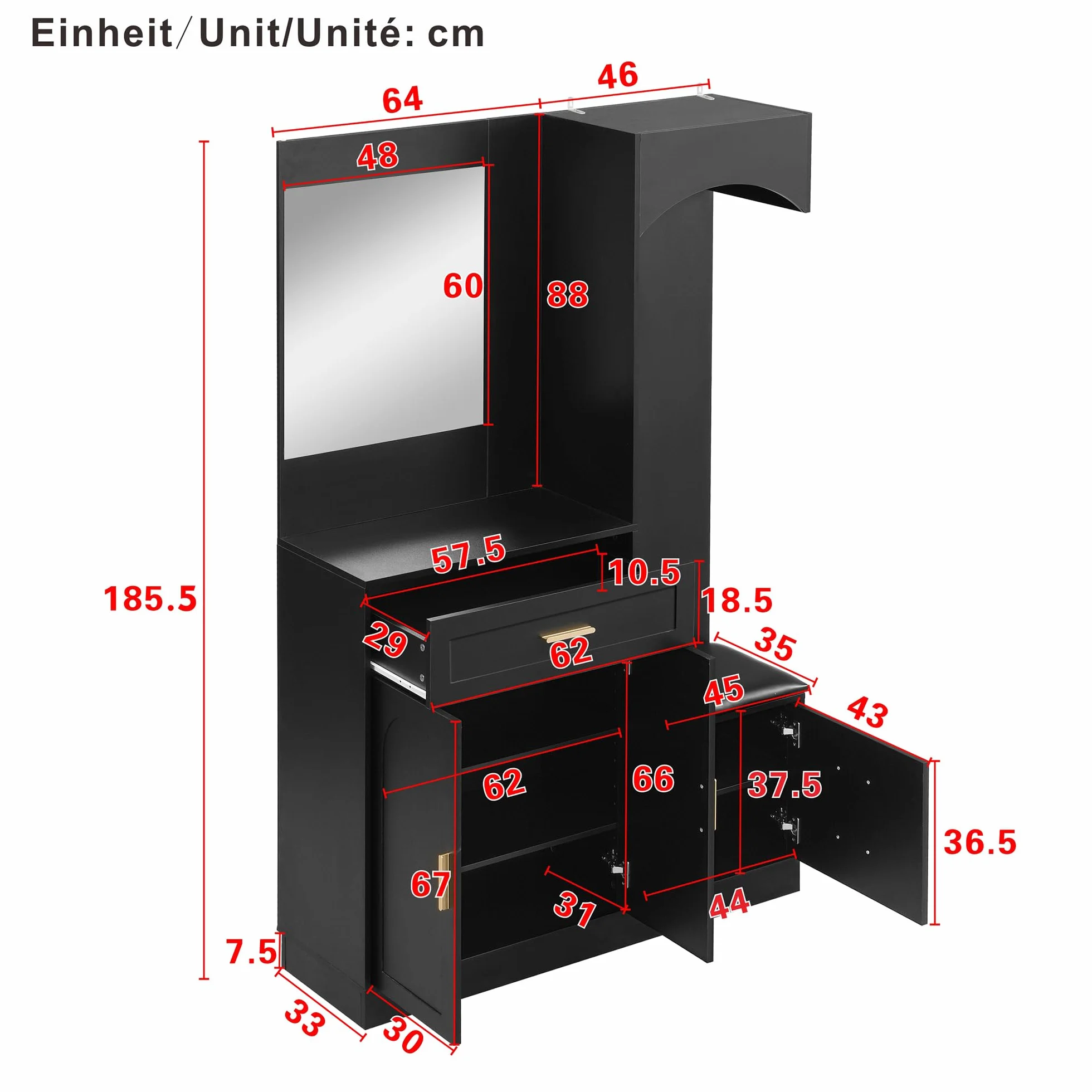 Armario moderno compacto, armario y zapatero, armario de entrada, estante de almacenamiento multifuncional con espejo, 110 x 33 x 185,5 cm (negro)