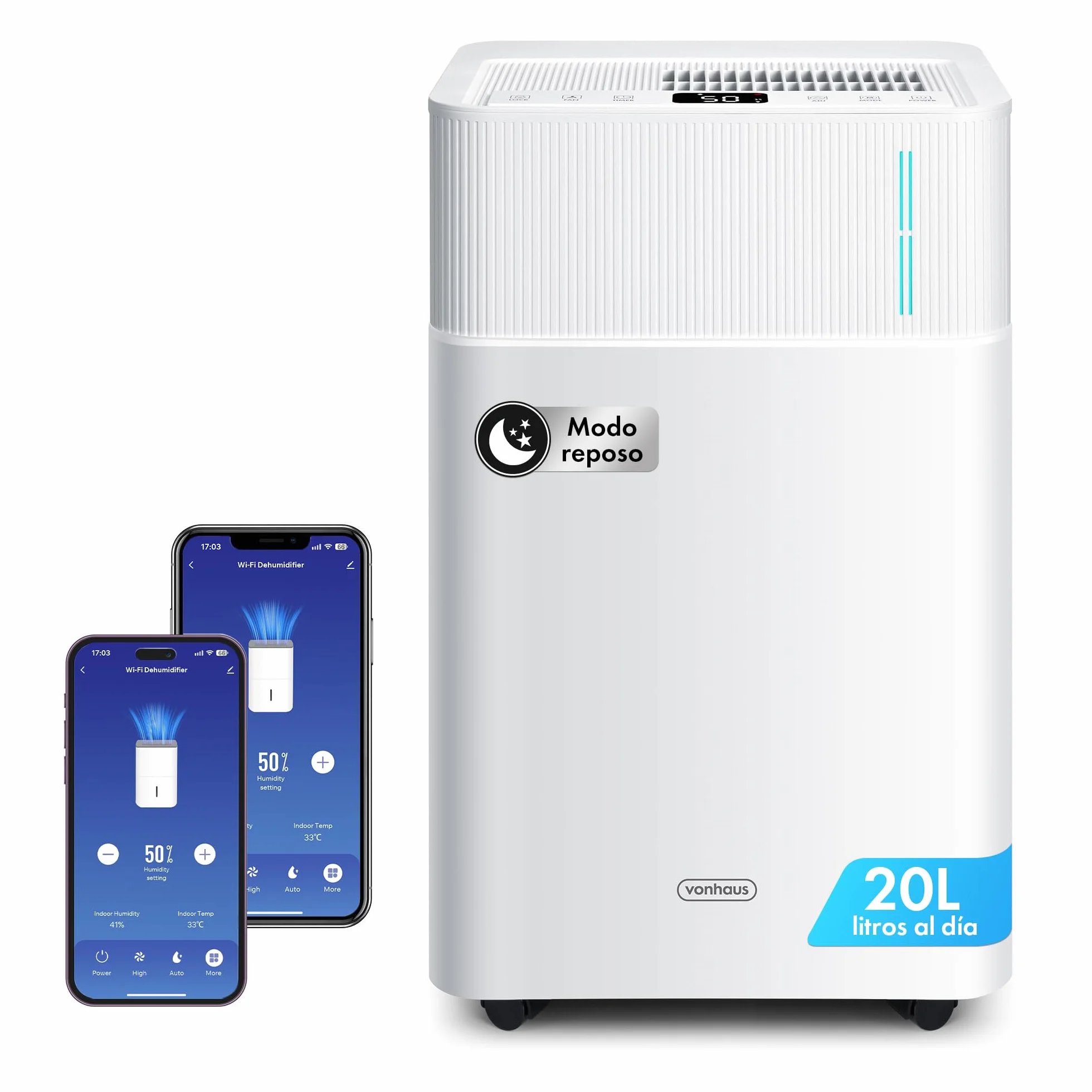 VonHaus Deshumidificador 20L Bajo Consumo para Casa Depósito de Agua de 4,5 L – Deshumidificador WiFi para Secar Ropa Previene el Moho y los Malos Olores – Ideal para Casa