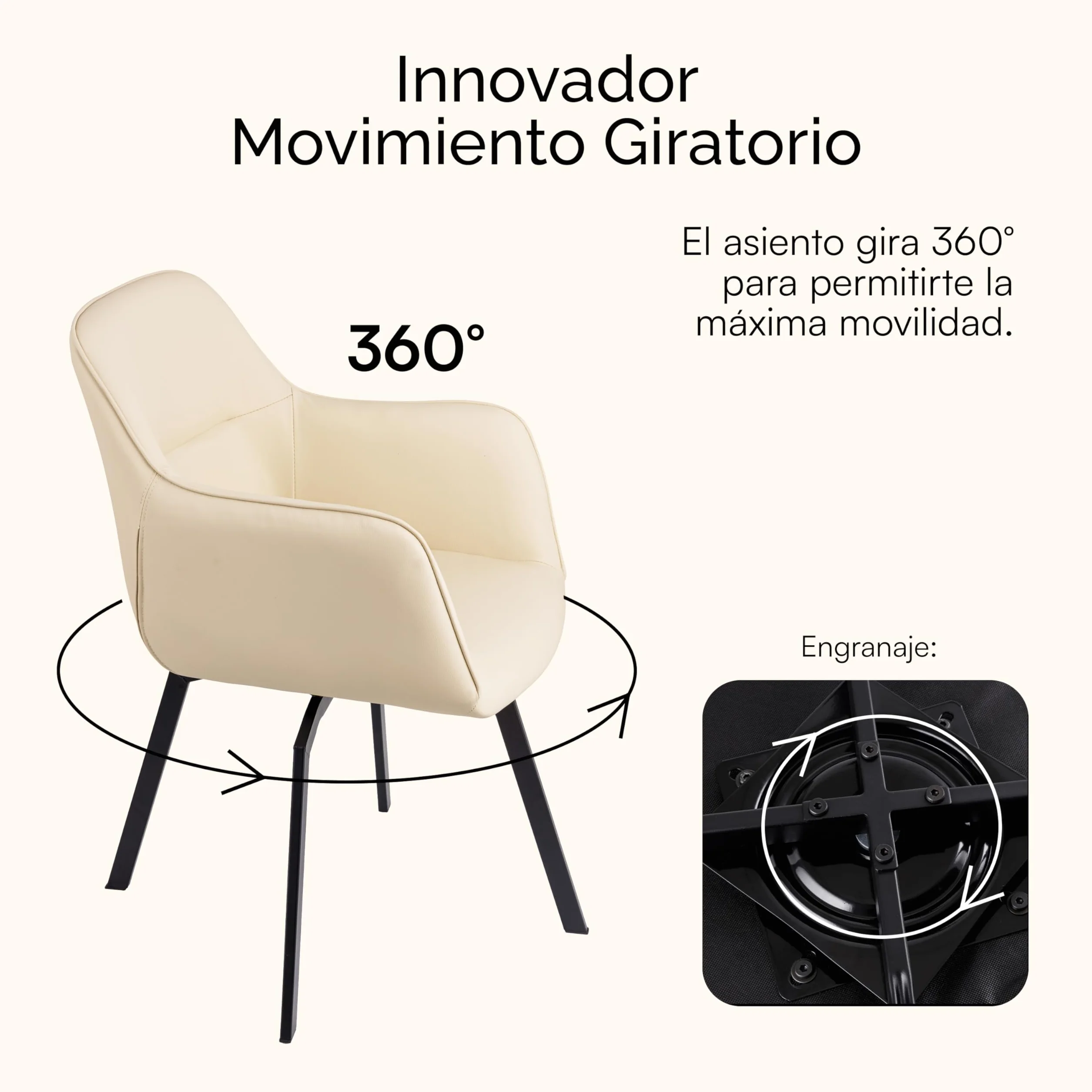 Sillón Giratorio Moderno Baroni Home con Tapicería de Cuero de Imitación, Patas de Acero Negro, Beige, 55x85x47 cm