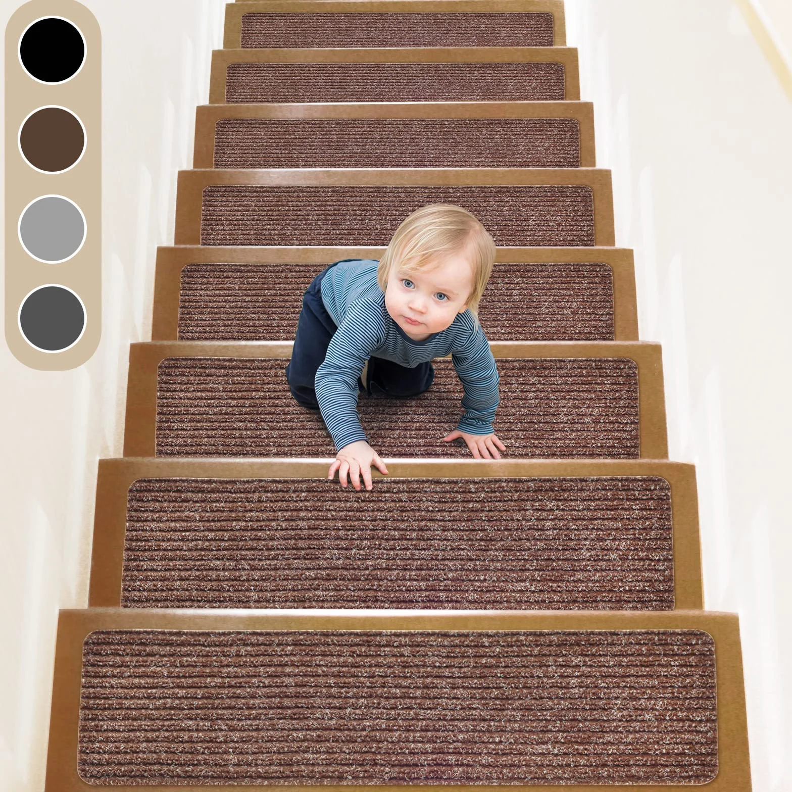 Pisadas Antideslizantes para escalones de Madera,76x20cm (Paquete de 15), Adhesivo preaplicado, alfombras Antideslizantes para escaleras Interiores, Marrón