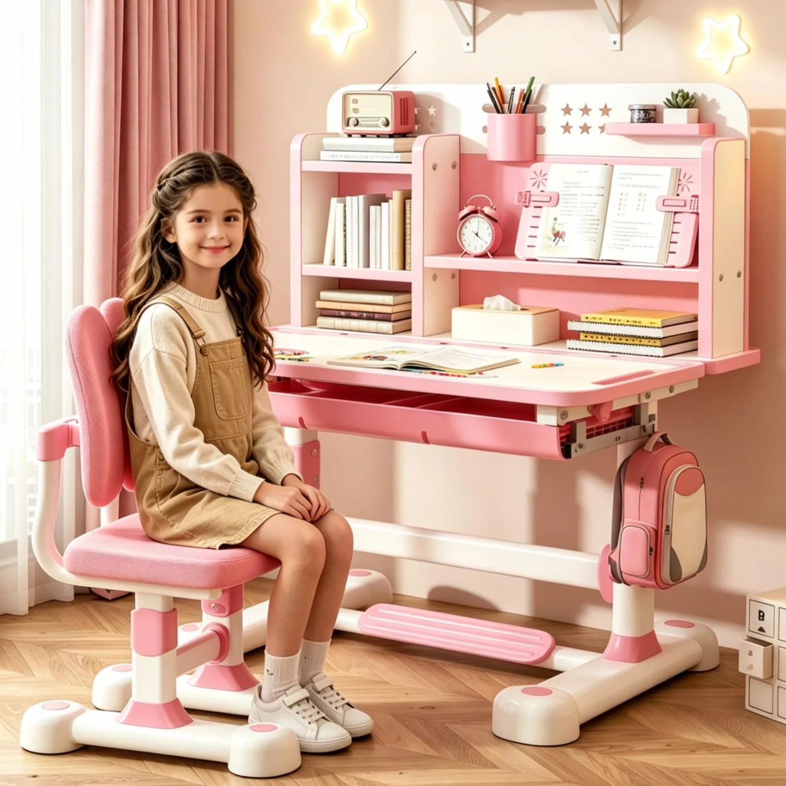 Juego de escritorio y silla para niños, reclinable 50 grados, altura ajustable, escritorio infantil con escritorio de trabajo de 80 cm, divisor científico, cajones y estantería, ideal para color rosa
