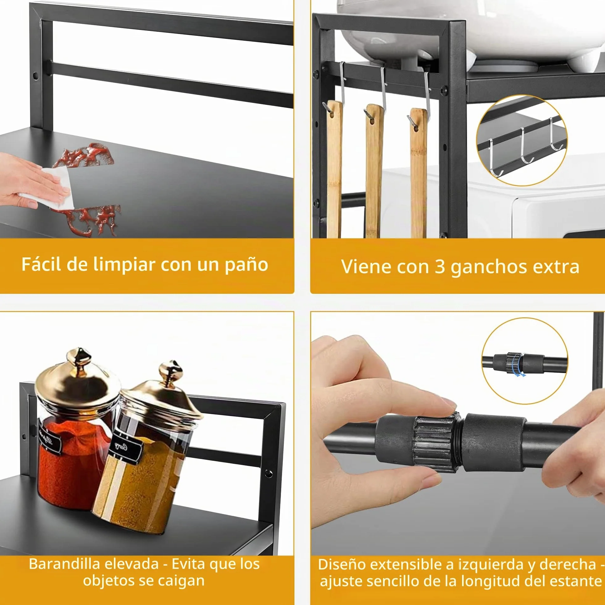 OUUTMEE Estantería expandible para microondas, estantería para microondas ajustable en altura de acero al carbono, organizador de mesa de cocina plegable para tostadora (negro de 3 niveles)