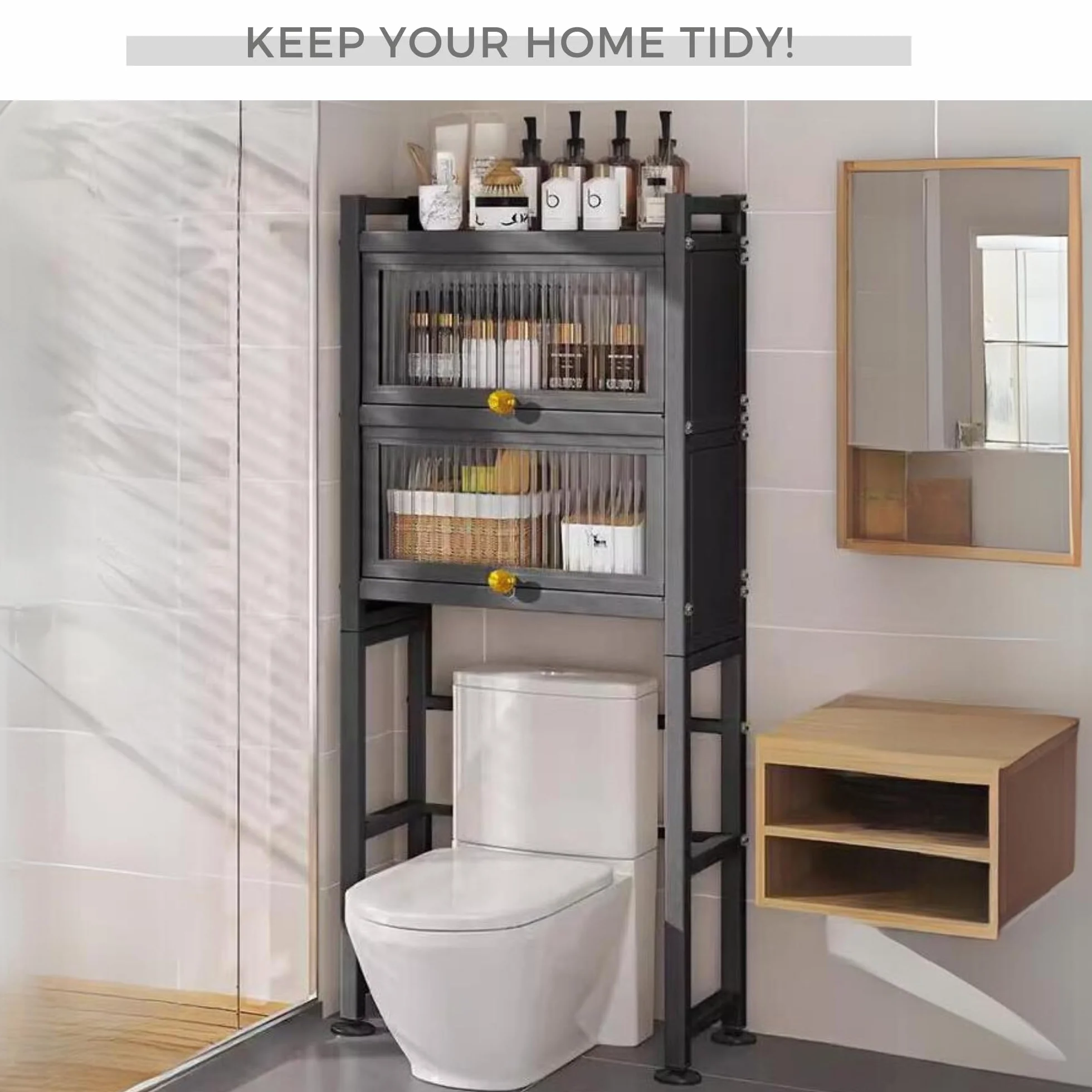 MAGIC SELECT Estantería sobre Inodoro con Puertas Abatibles | Estante de WC Organizador Multiusos | Estantería de Almacenamiento de Baño | Ahorra Espacio con 3 Niveles | Patas Ajustables en Altura.