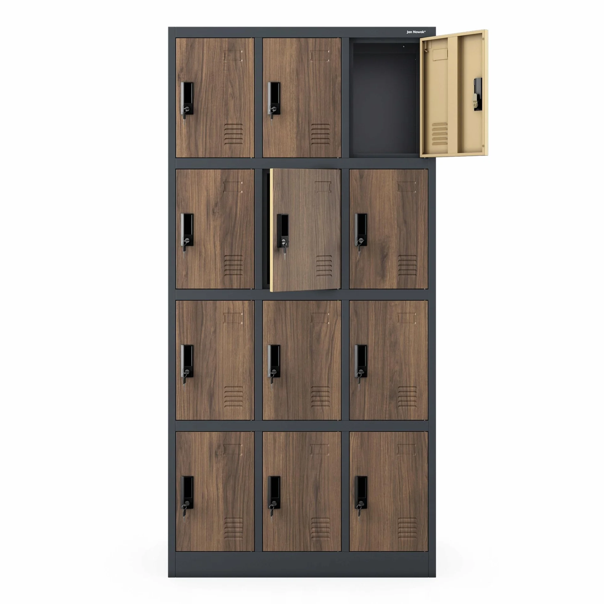 Jan Nowak Armario para Vestuario 3B4A Taquilla Metálico con 12 Compartimentos Ranuras de ventilación Recubrimiento de Polvo 185 cm x 90 cm x 40 cm Antracita-Madera