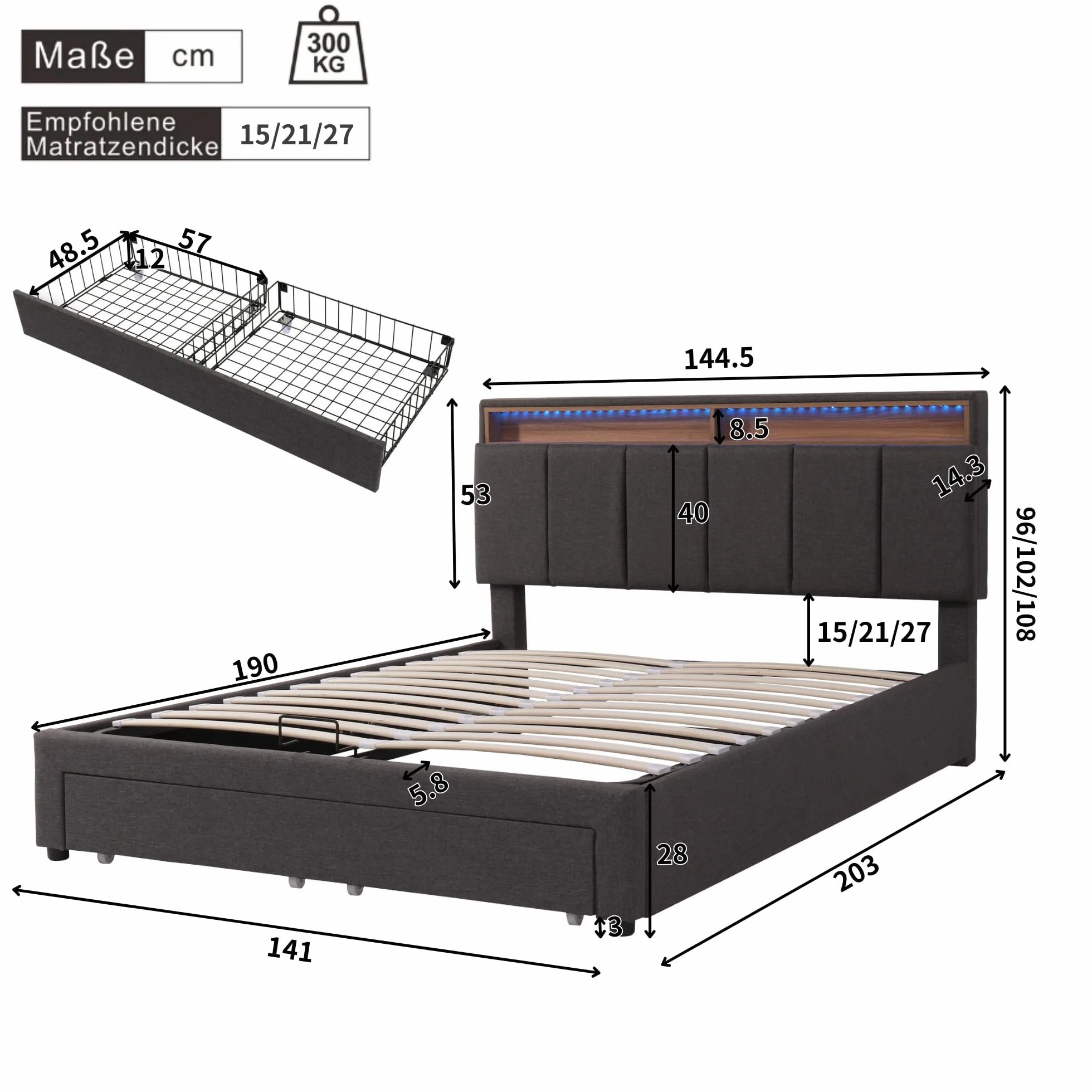 Cama Tapizada de 140x190 cm con LED y 2 Cajones, Estructura de Cama Doble con Soporte de Láminas y Almacenamiento Hidráulica, Cabecero con Almacenaje, Lino, Gris, Sin Colchon