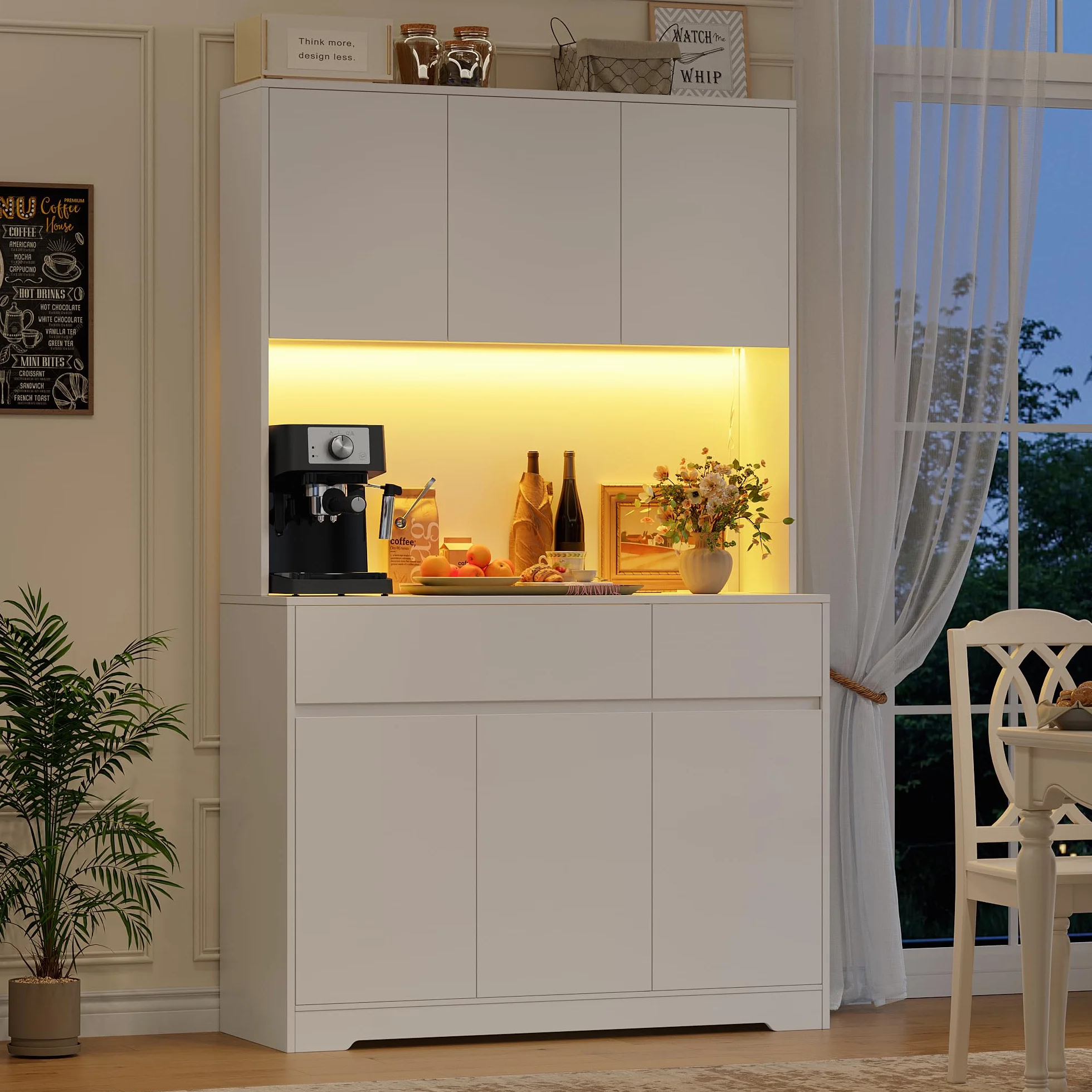 FirFurd Alacena Cocina Grande, Muebles de Cocina, Armario Cocinas Almacenaje, Mueble Almacenaje con Iluminacion LED, Regleta, Encimera para Microondas, 2 Cajones, 6 Puertas, Blanco 100x38.5x180cm